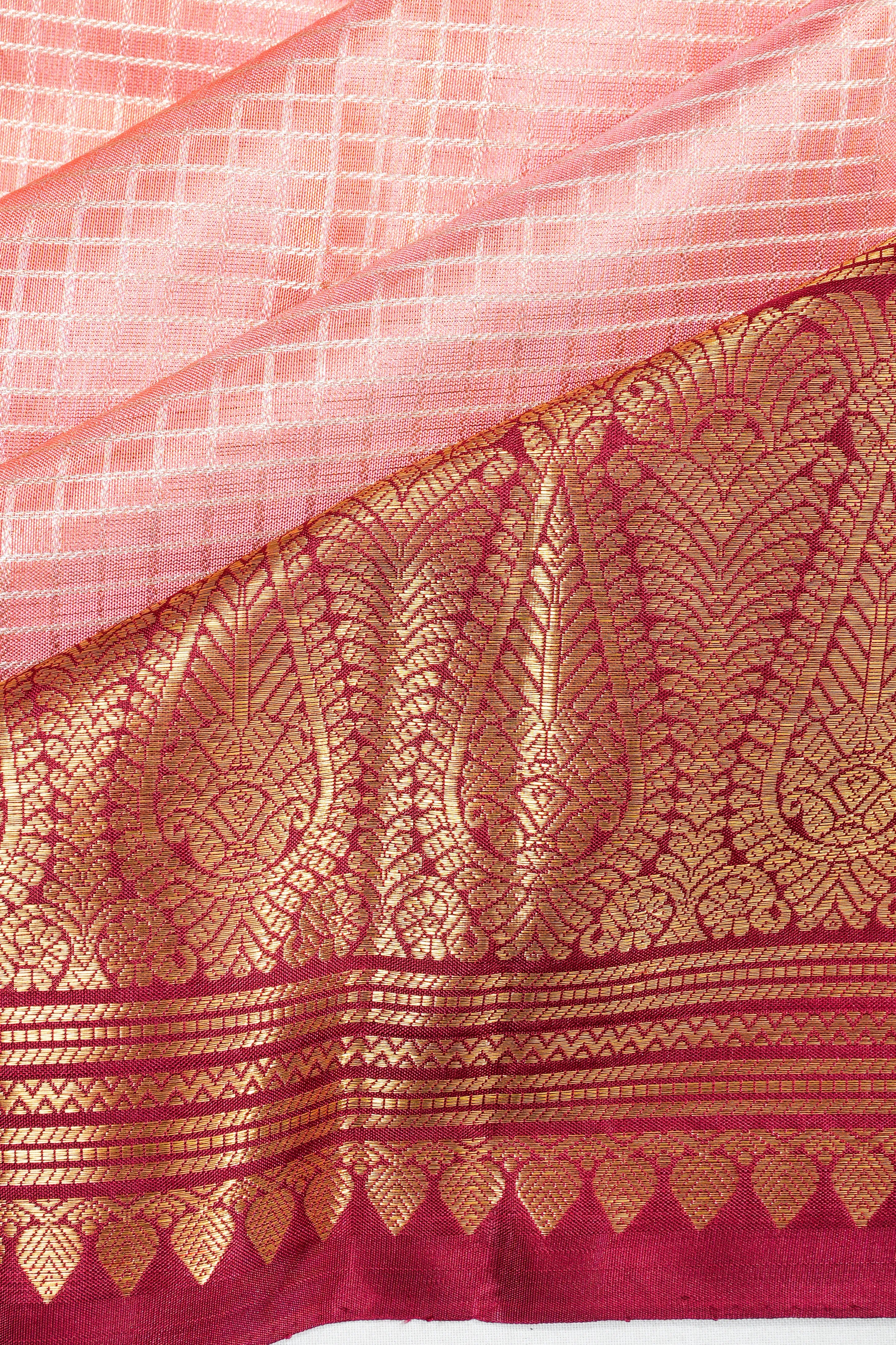 Classic Kanchipuram Silk Checks Peach Saree
