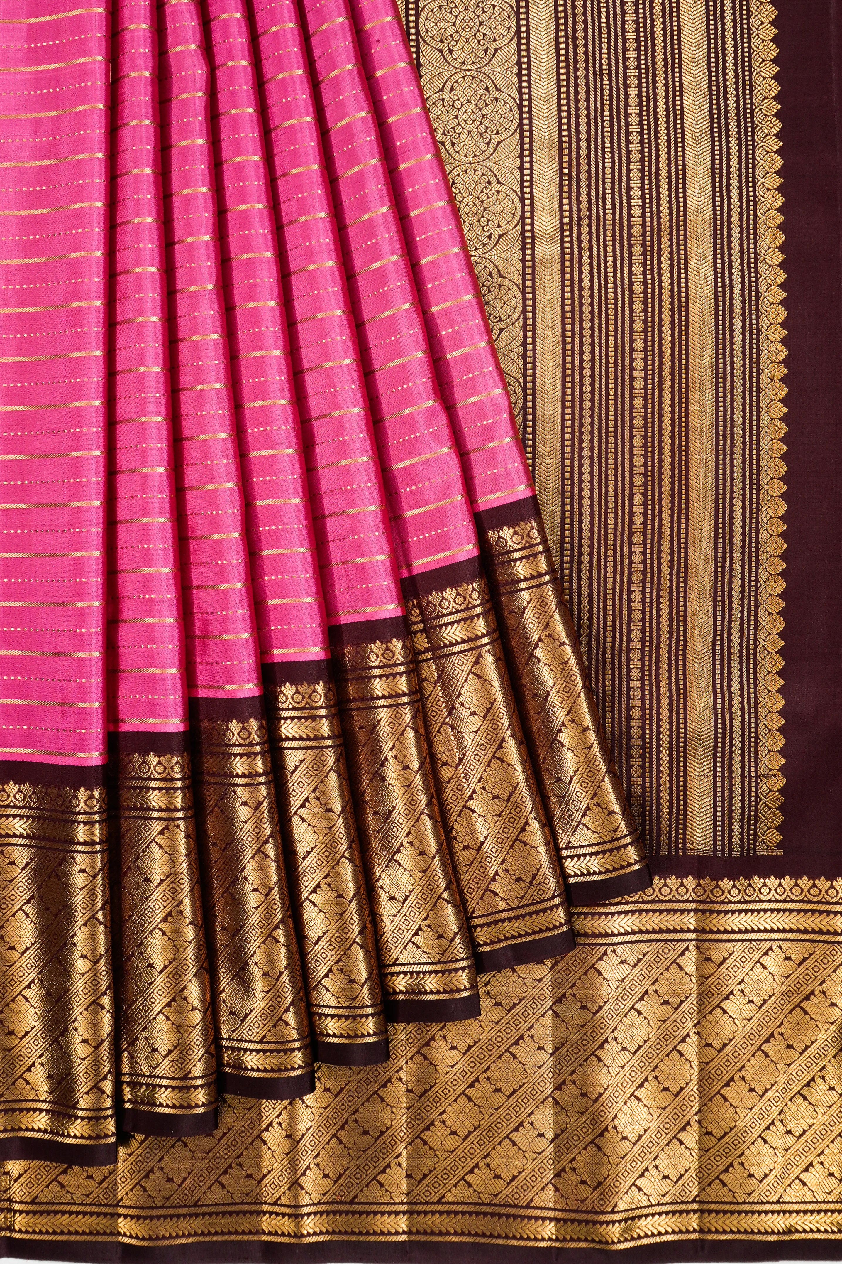 Classic Kanchipuram Silk Horizontal Lines Pink Saree