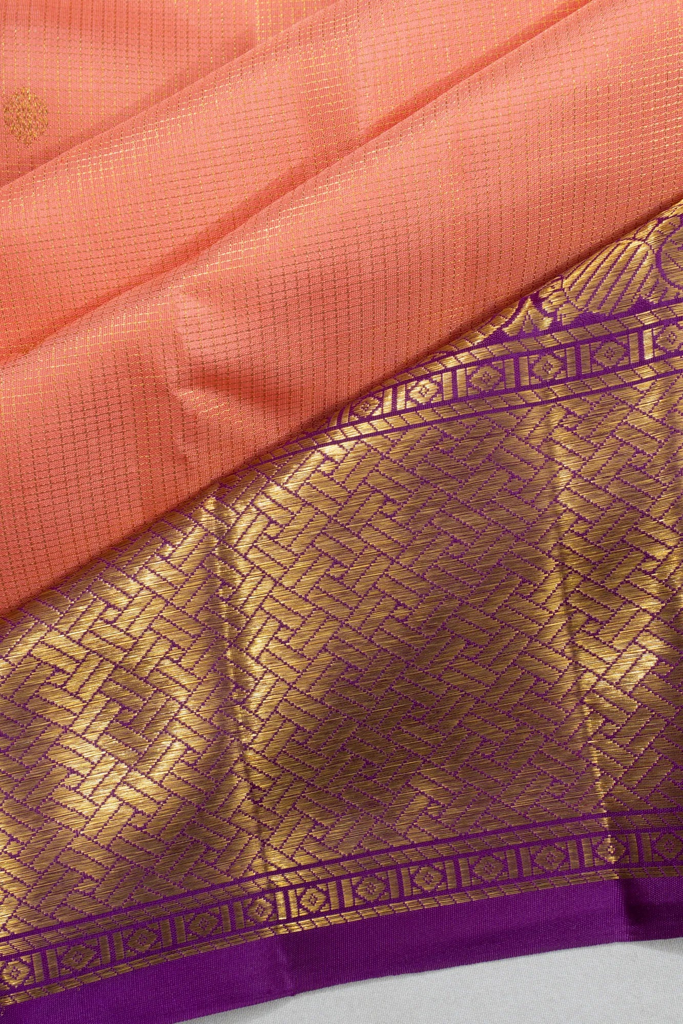 Classic Kanchipuram Silk Checks And Butta Pastel Orange Saree
