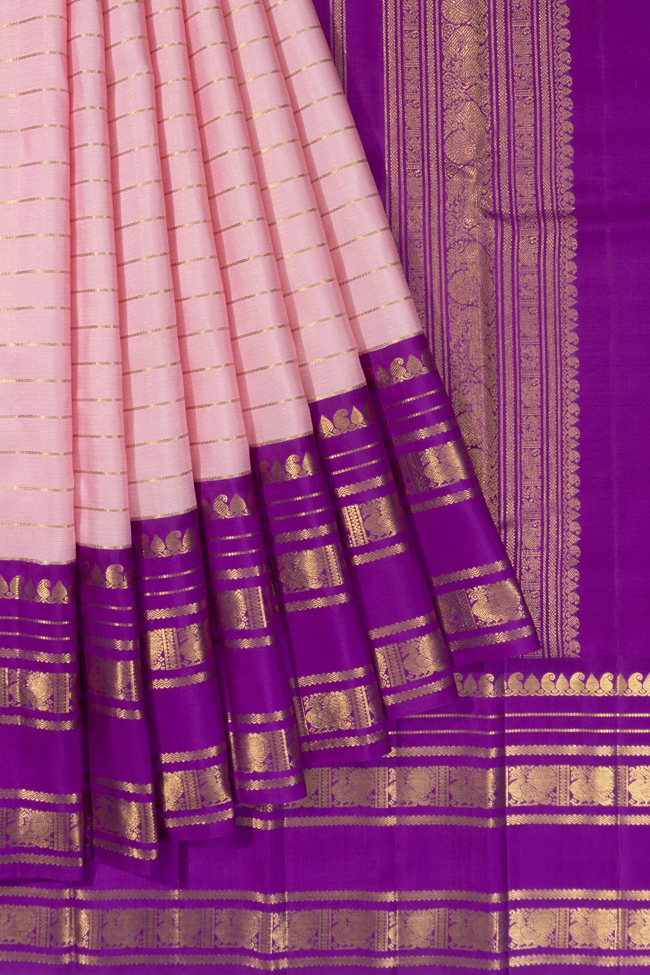Classic Kanchipuram Silk Horizontal Lines Baby Pink Saree
