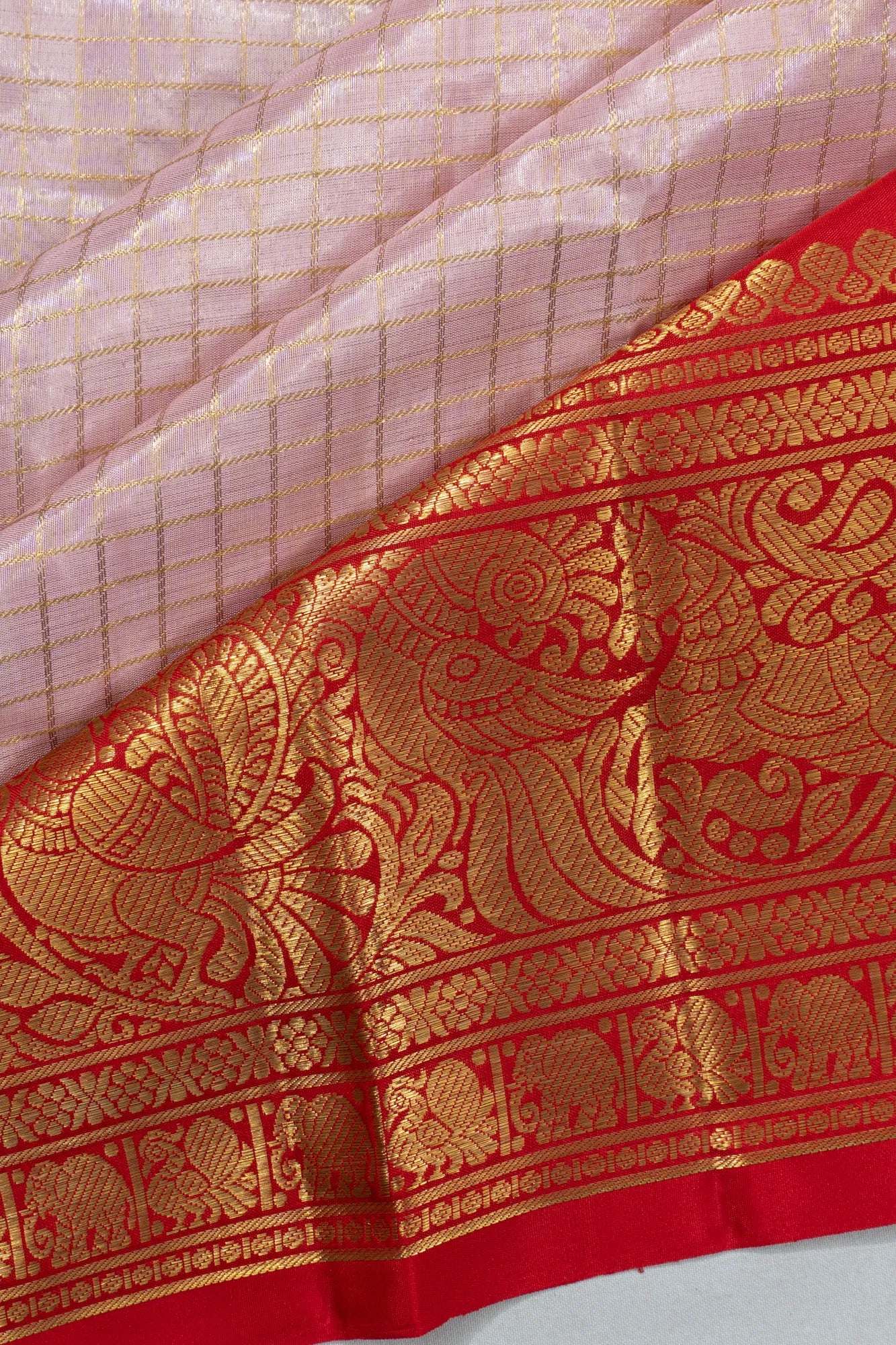 Classic Kanchipuram Silk Tissue Checks Baby Pink Saree