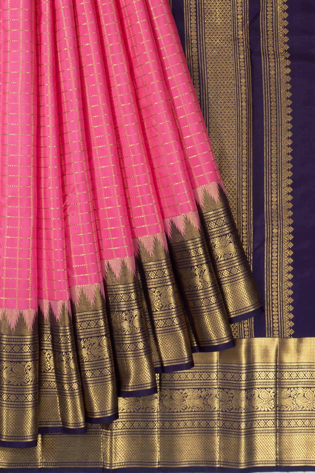 Classic Kanchipuram Silk Checks Pink Saree