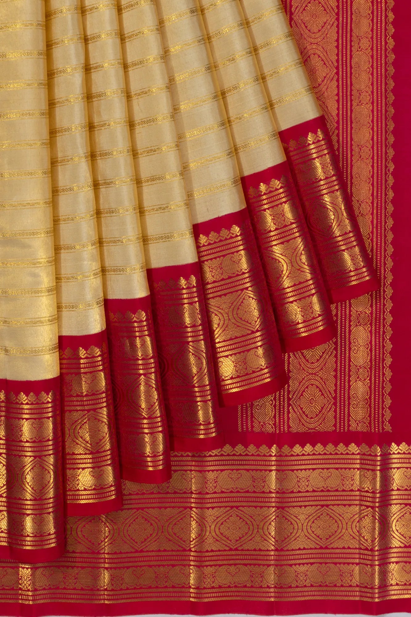 Classic Kanchipuram Silk Tissue Lines Cream Saree