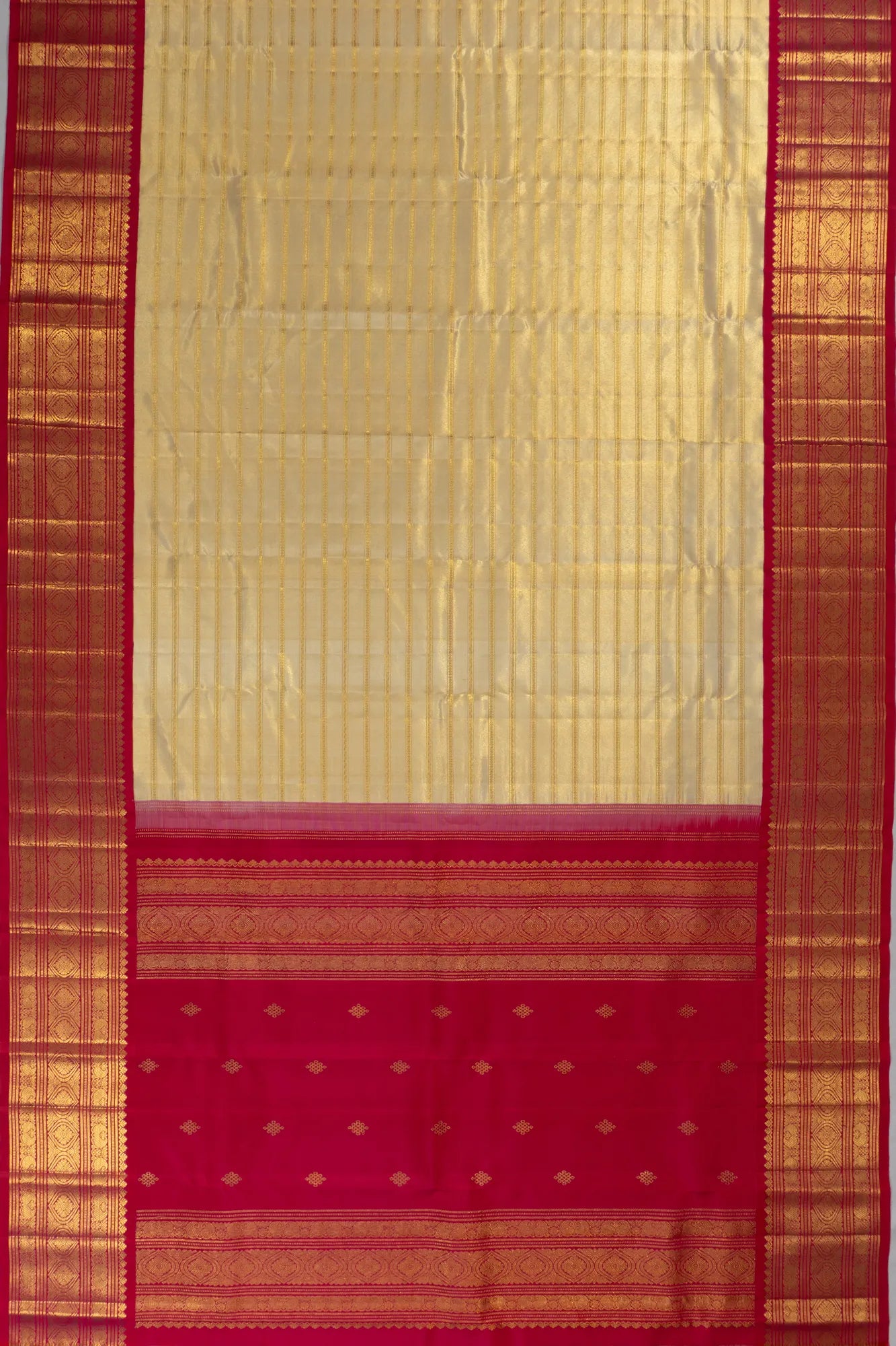 Classic Kanchipuram Silk Tissue Lines Cream Saree