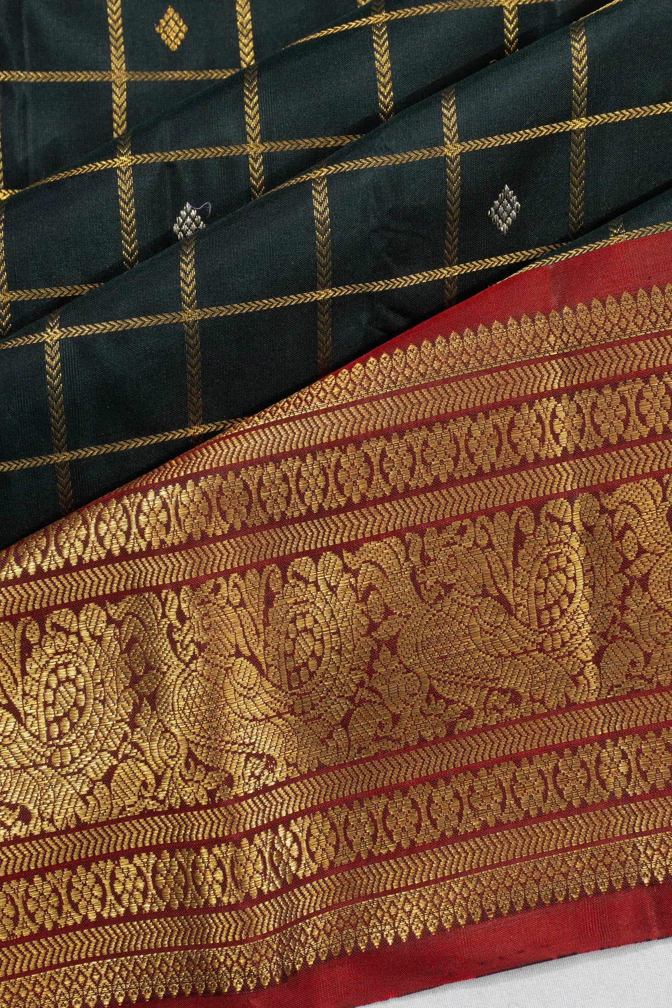 Classic Kanchipuram Silk Checks And Butta Black Saree