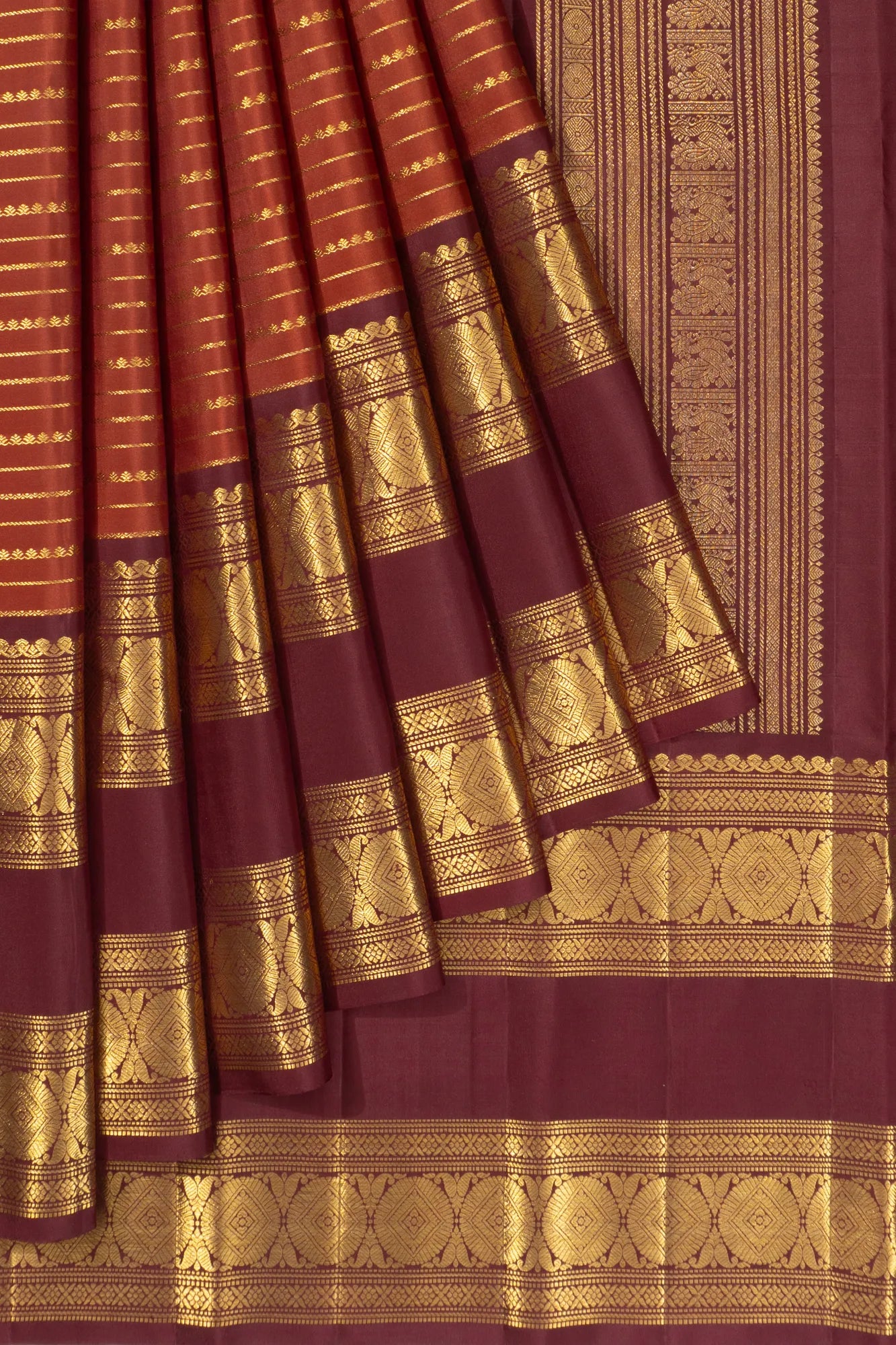 Classic Kanchipuram Silk Lines Brown Saree