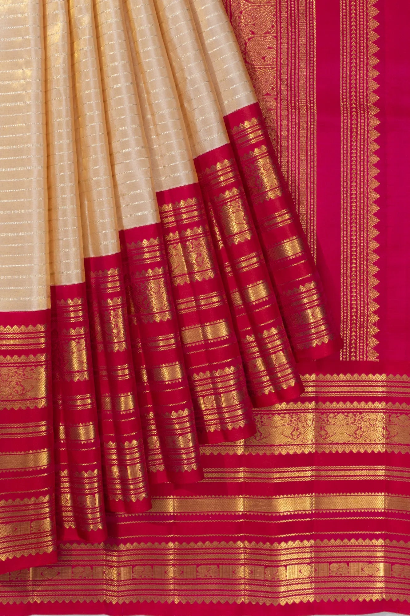 Classic Kanchipuram Silk Tissue Lines Cream Saree