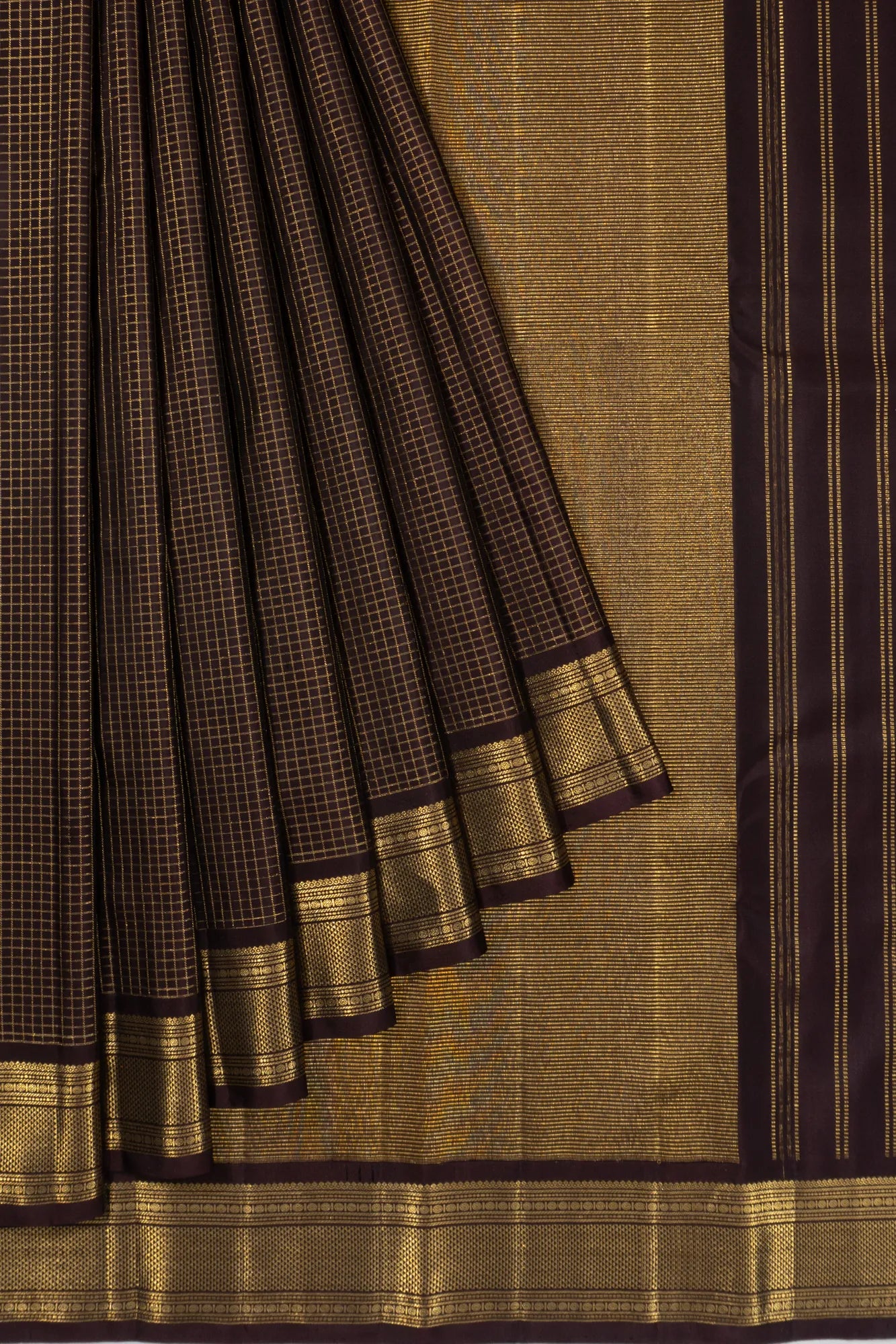 Classic Kanchipuram Silk Checks Brown Saree
