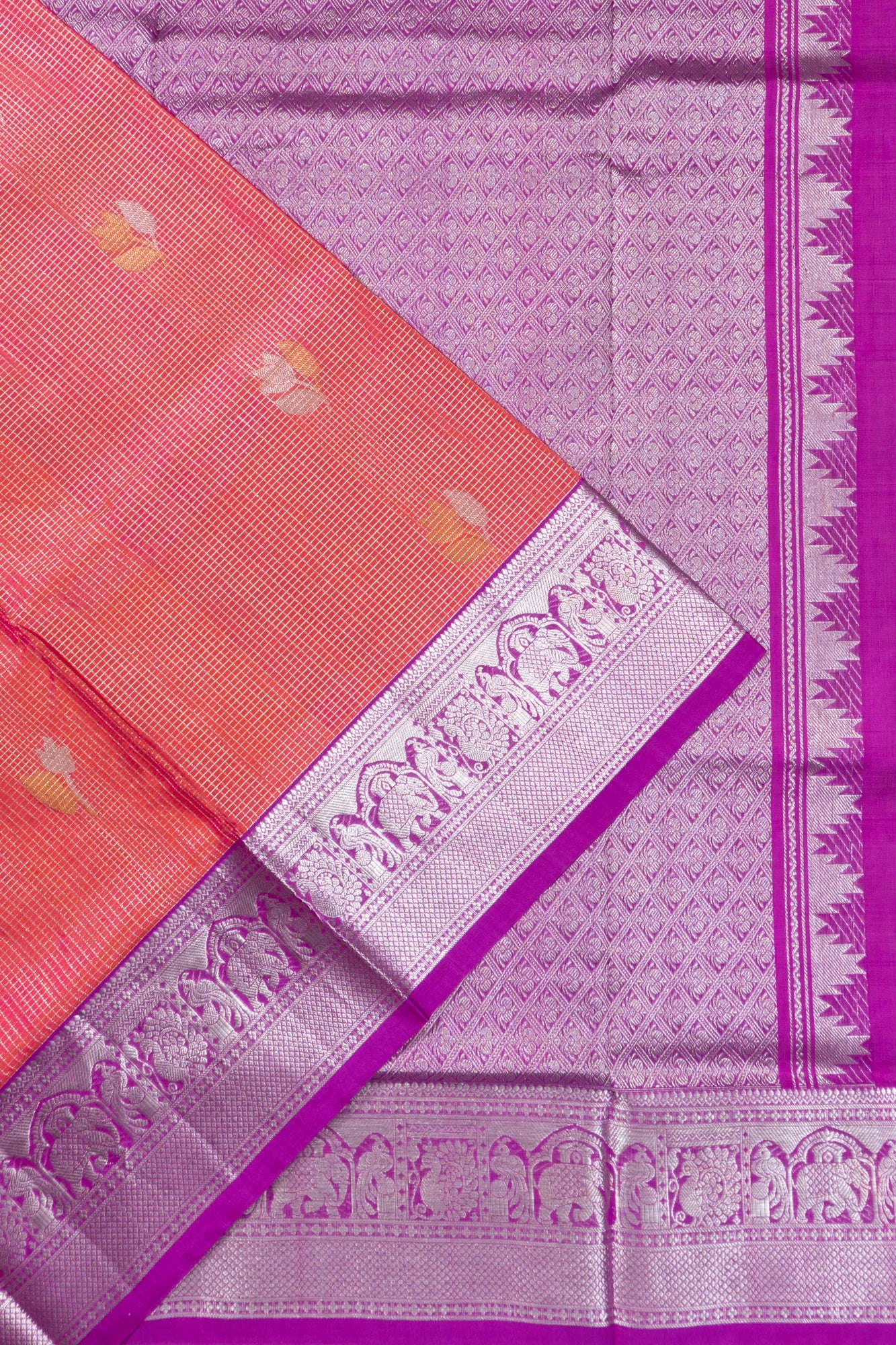 Venkatagiri Silk Checks And Butta Pastel Orange Saree