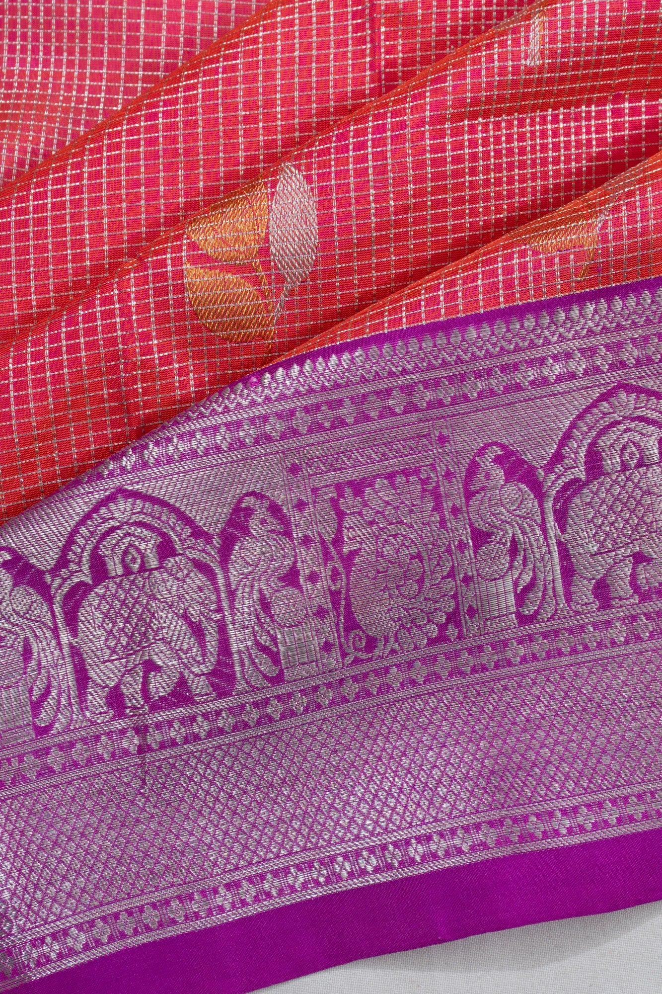 Venkatagiri Silk Checks And Butta Pastel Orange Saree