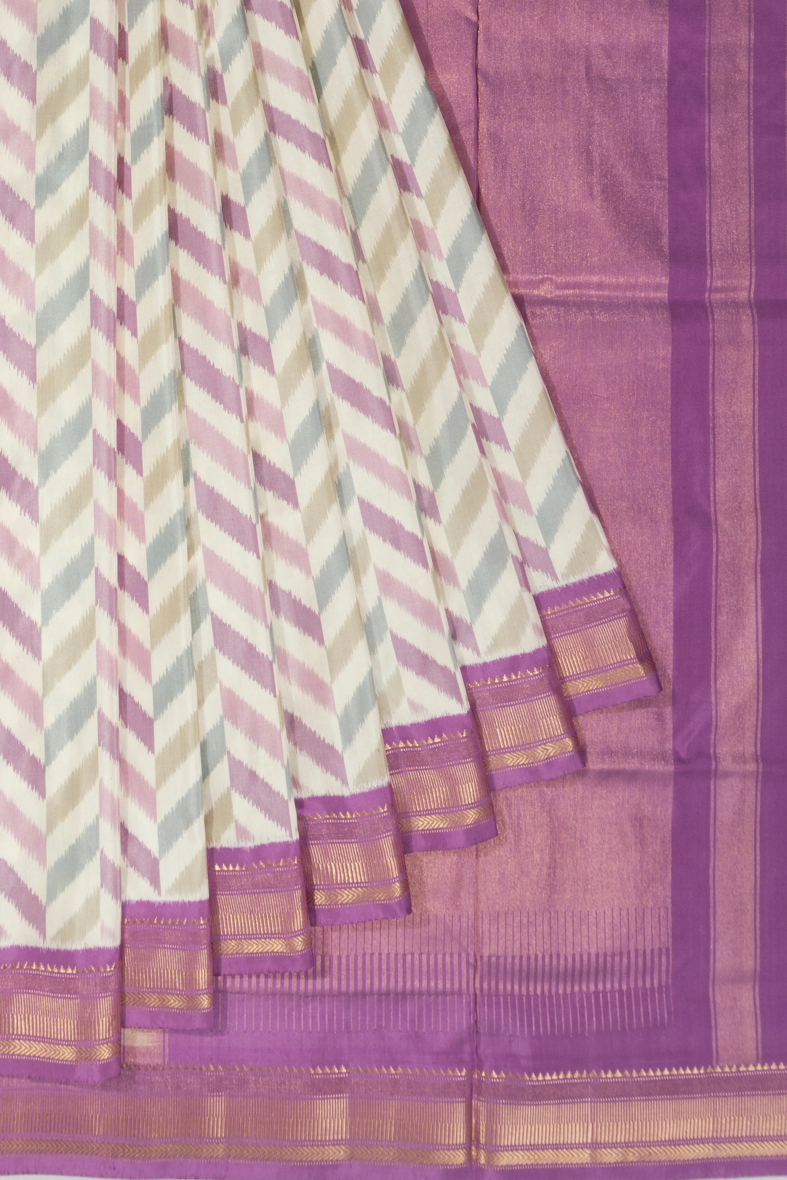 Pochampally Silk Ikat White And Lavender Saree