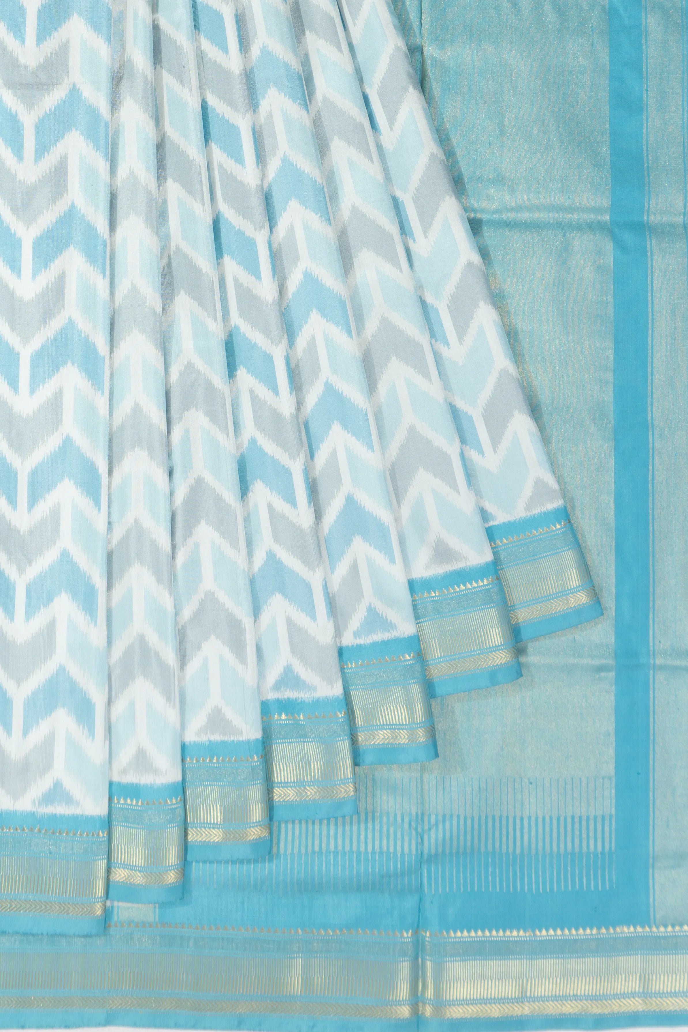 Pochampally Silk Ikat White And Blue Saree