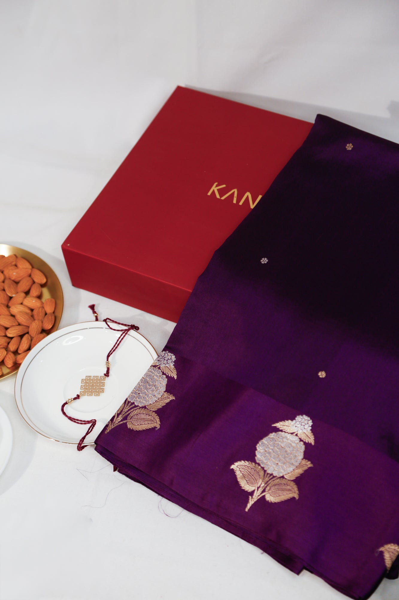 Banarasi Katan Silk Butta Violet Saree With Gift Box And Rakhi