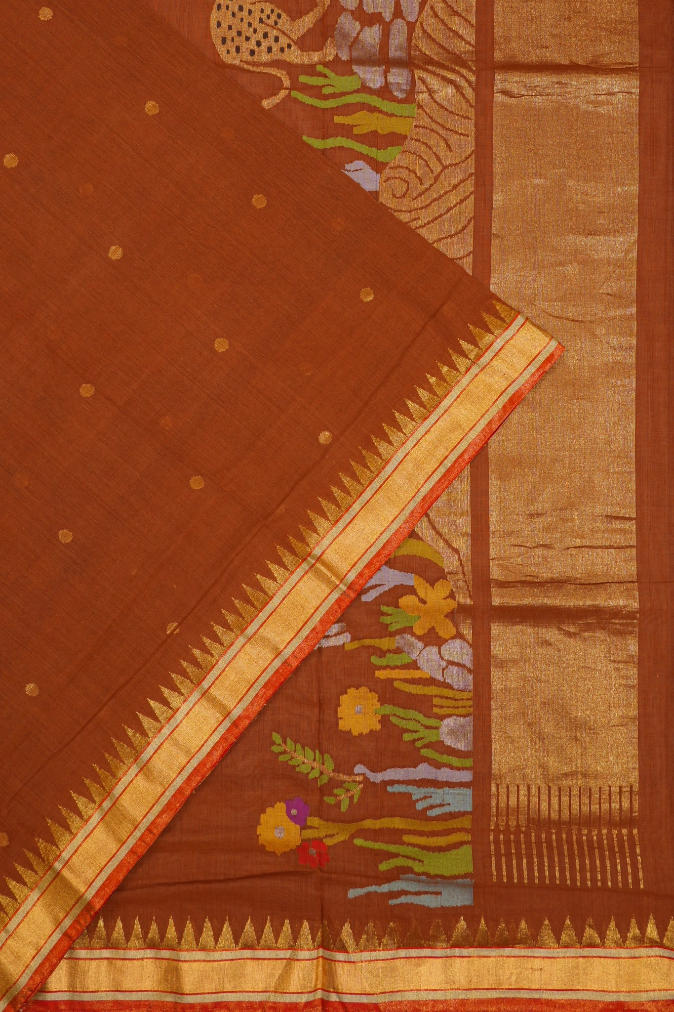 Pondhuru Handspun Cotton Butta Brown Saree With Jamdhani Pallu