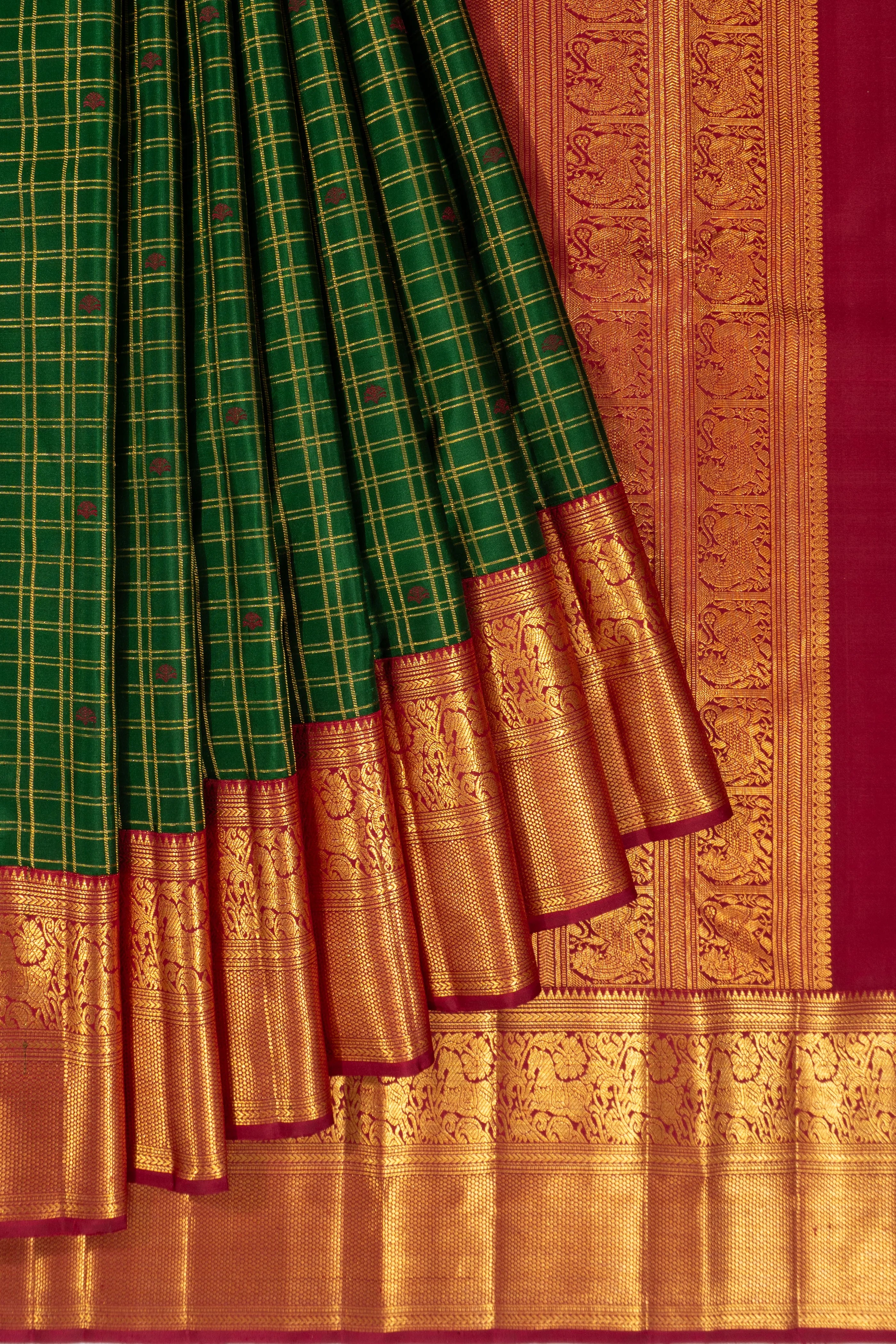 Kanchipuram Silk Checks And Butta Dark Green Saree