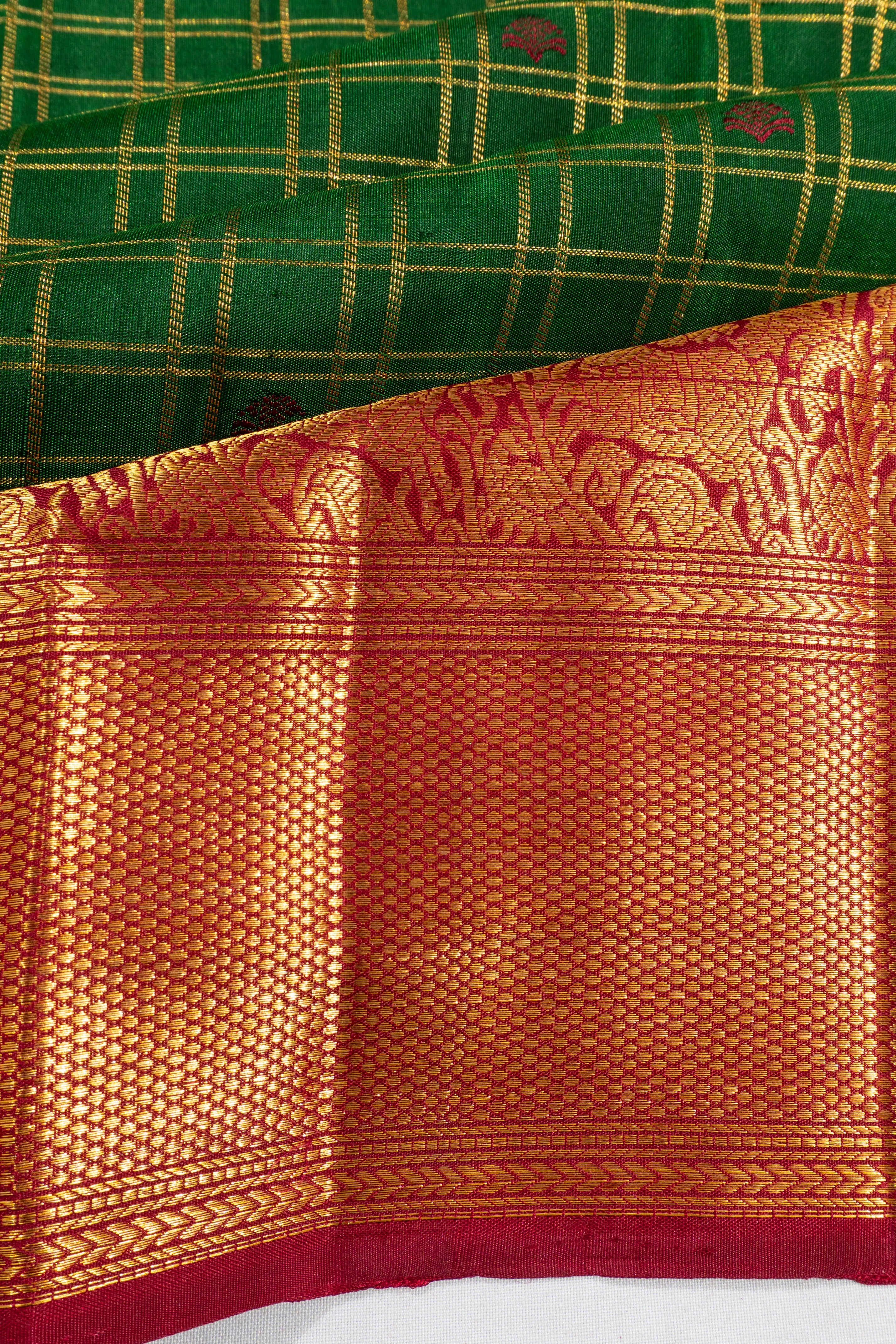 Kanchipuram Silk Checks And Butta Dark Green Saree