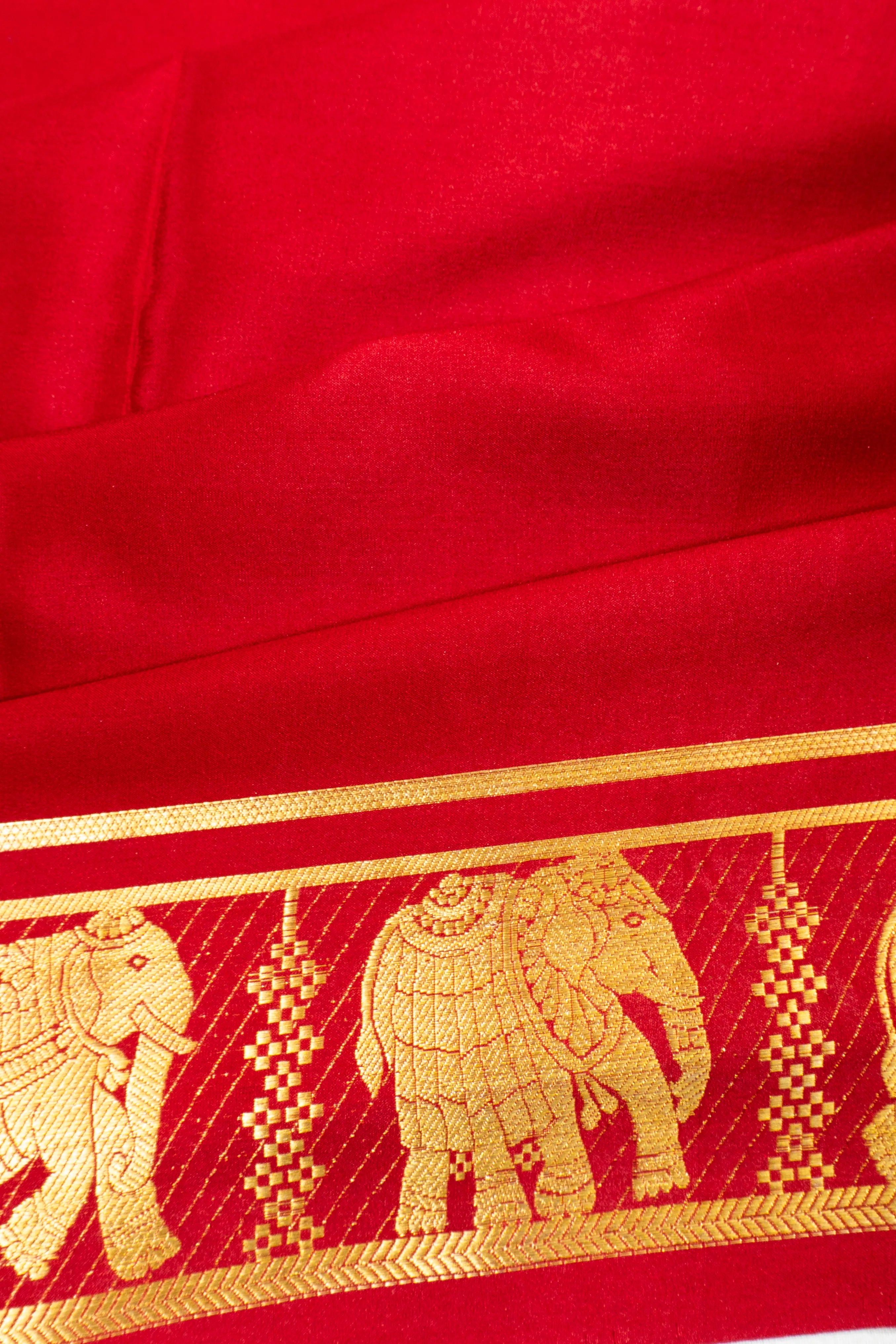 Binny Silk Plain Red Saree With Elephant Motifs Border