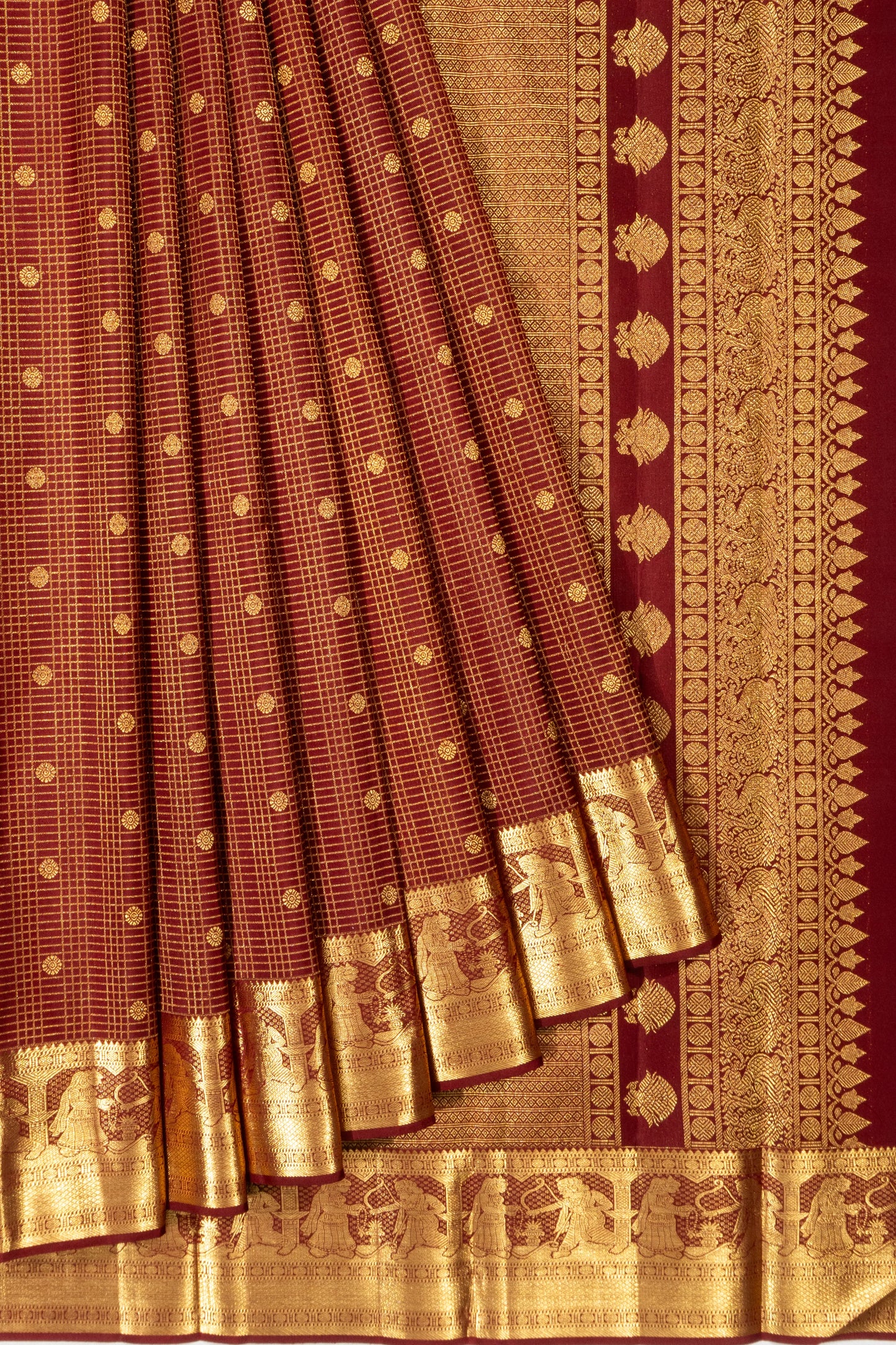 Kanchipuram Silk Checks And Butta Maroon Saree