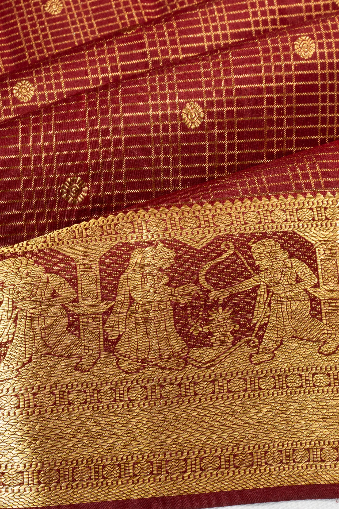 Kanchipuram Silk Checks And Butta Maroon Saree