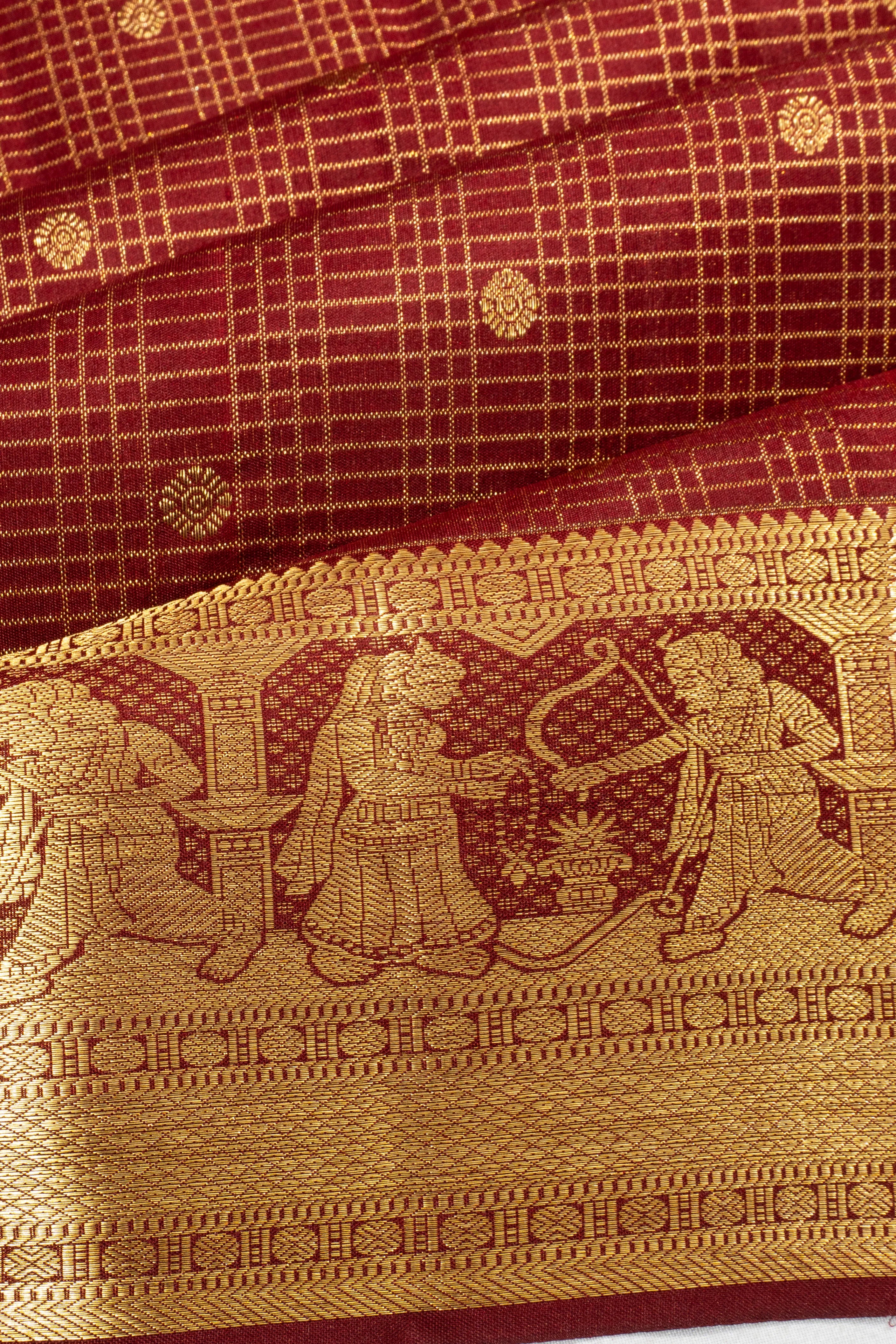 Kanchipuram Silk Checks And Butta Maroon Saree