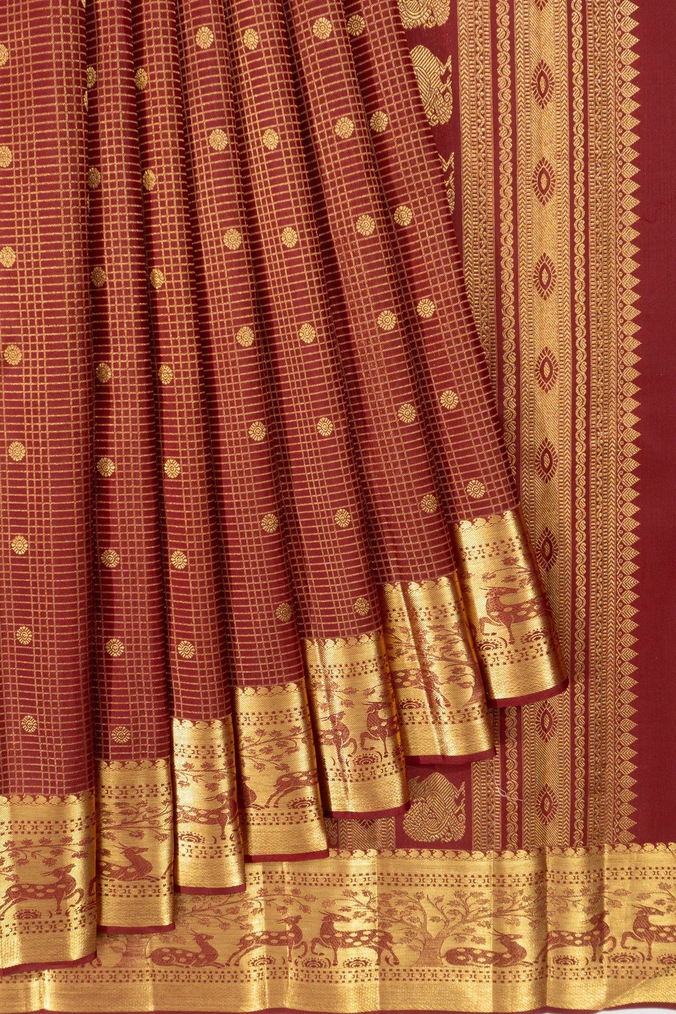 Kanchipuram Silk Checks And Butta Maroon Saree