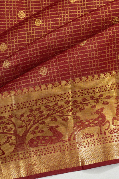 Kanchipuram Silk Checks And Butta Maroon Saree