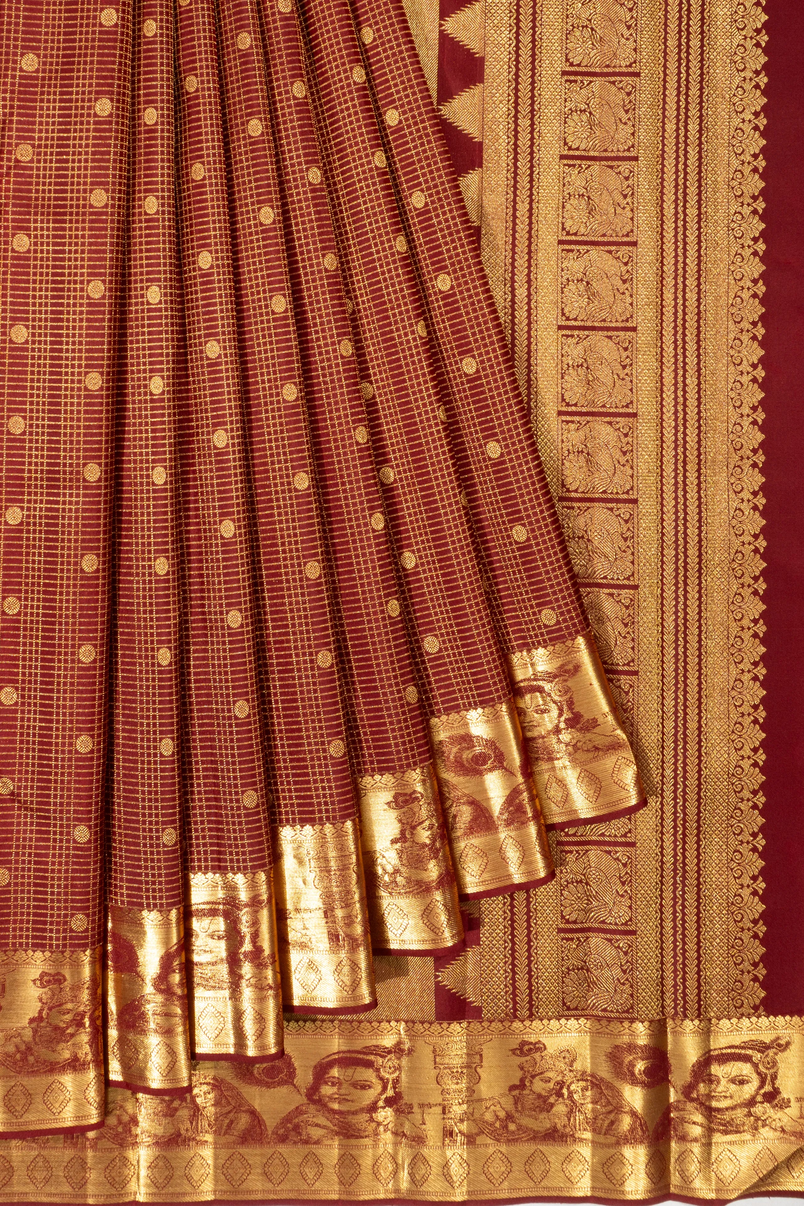 Kanchipuram Silk Checks And Butta Maroon Saree