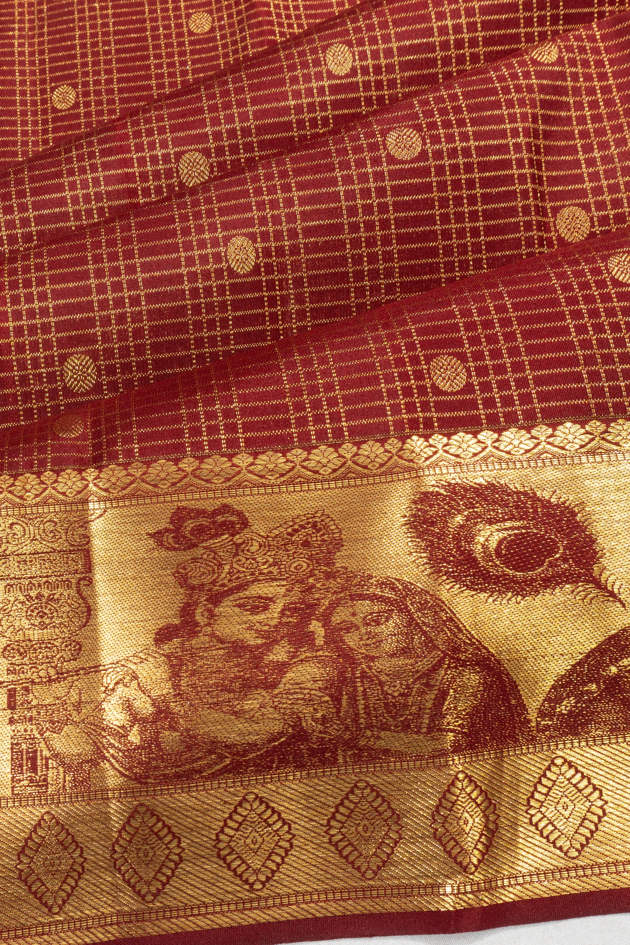 Kanchipuram Silk Checks And Butta Maroon Saree