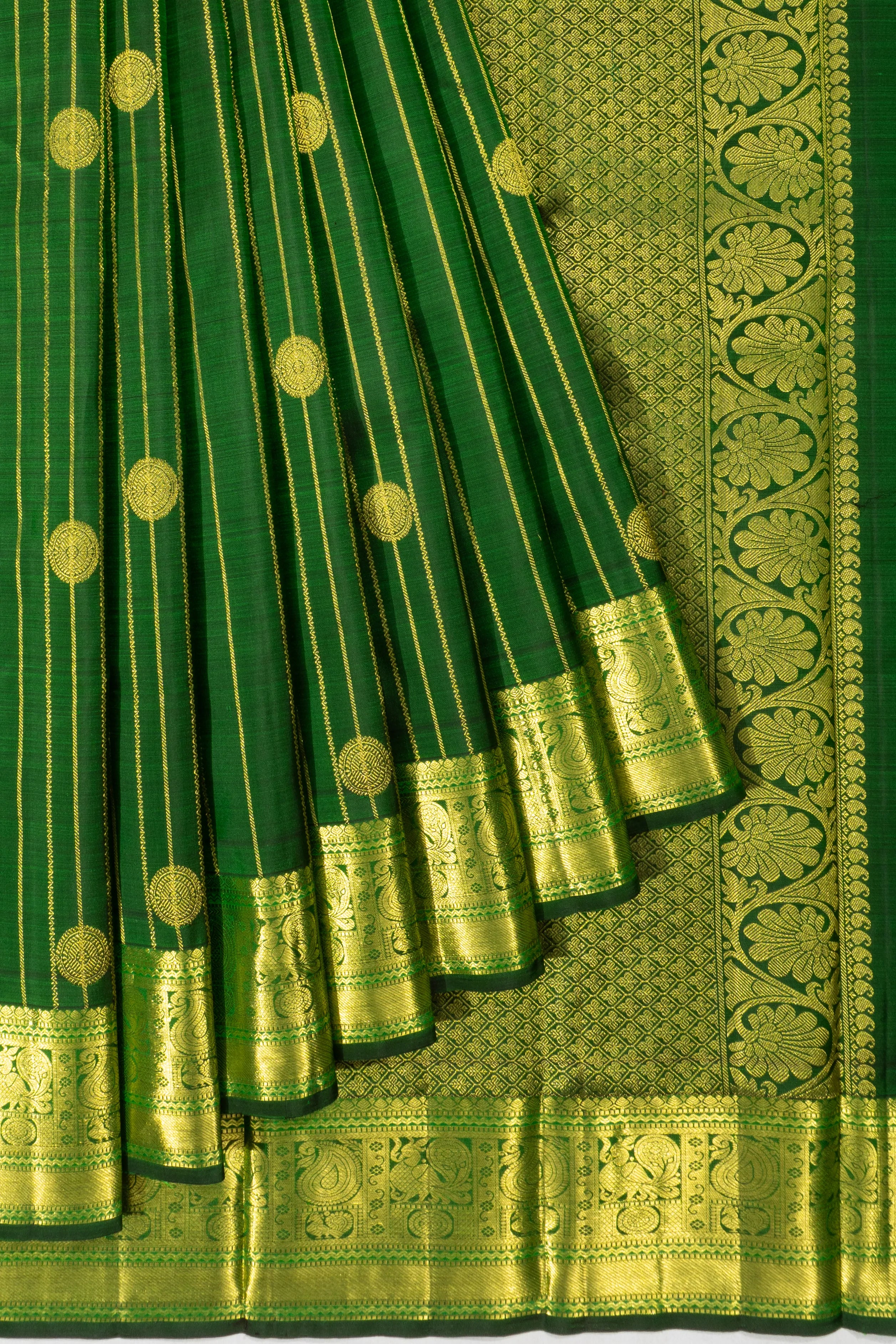 Kanchipuram Silk Vertical Lines And Butta Dark Green Saree