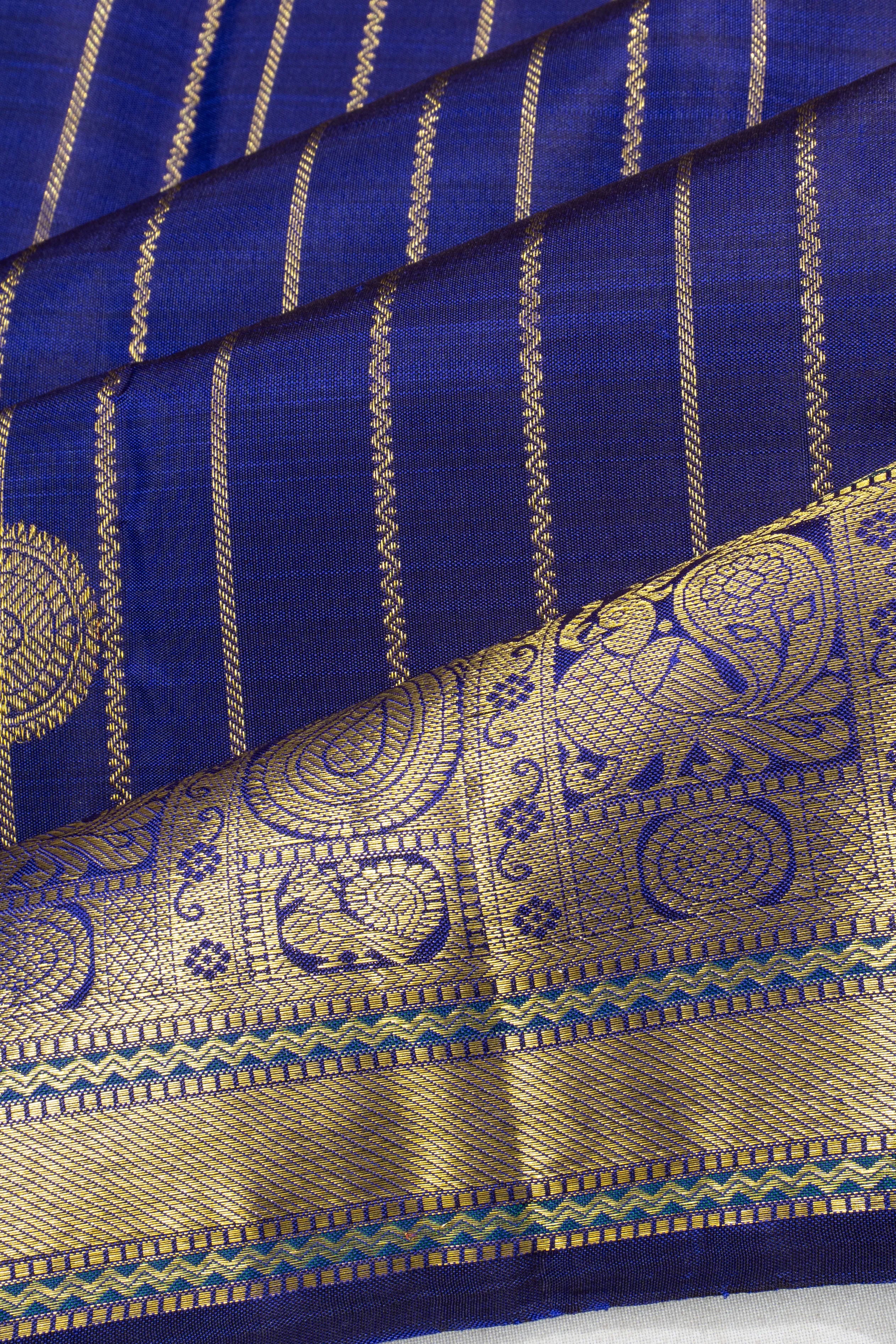 Kanchipuram Silk Vertical Lines And Butta Royal Blue Saree