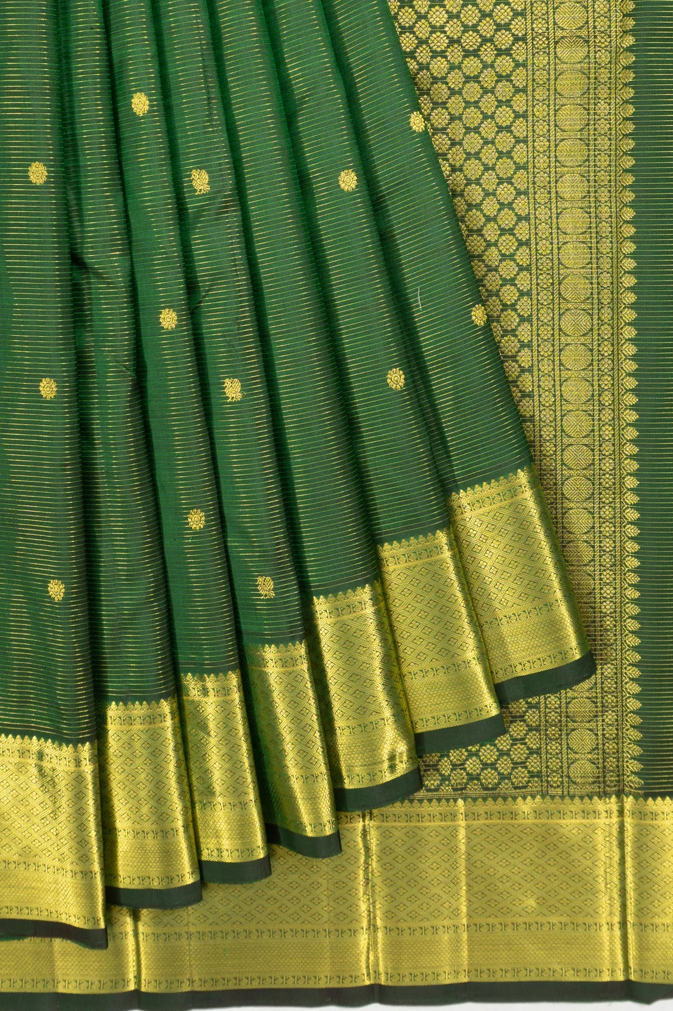 Kanchipuram Silk Oosi Lines And Butta Dark Green Saree