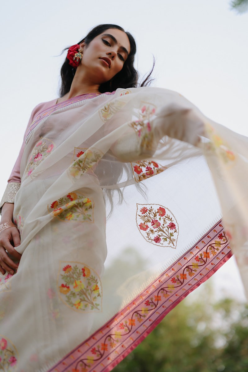 Banarasi Kora Organza Jamdani Butta White Saree