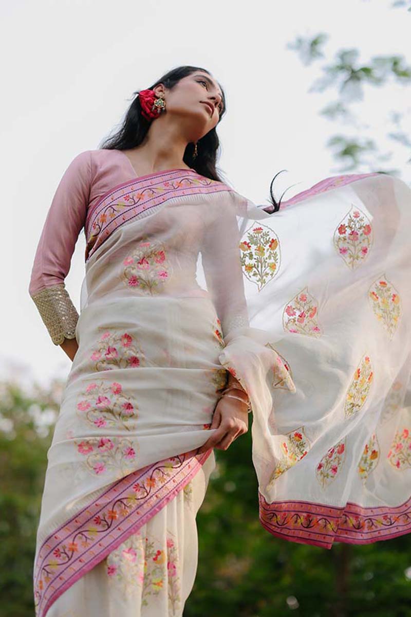 Banarasi Kora Organza Jamdani Butta White Saree