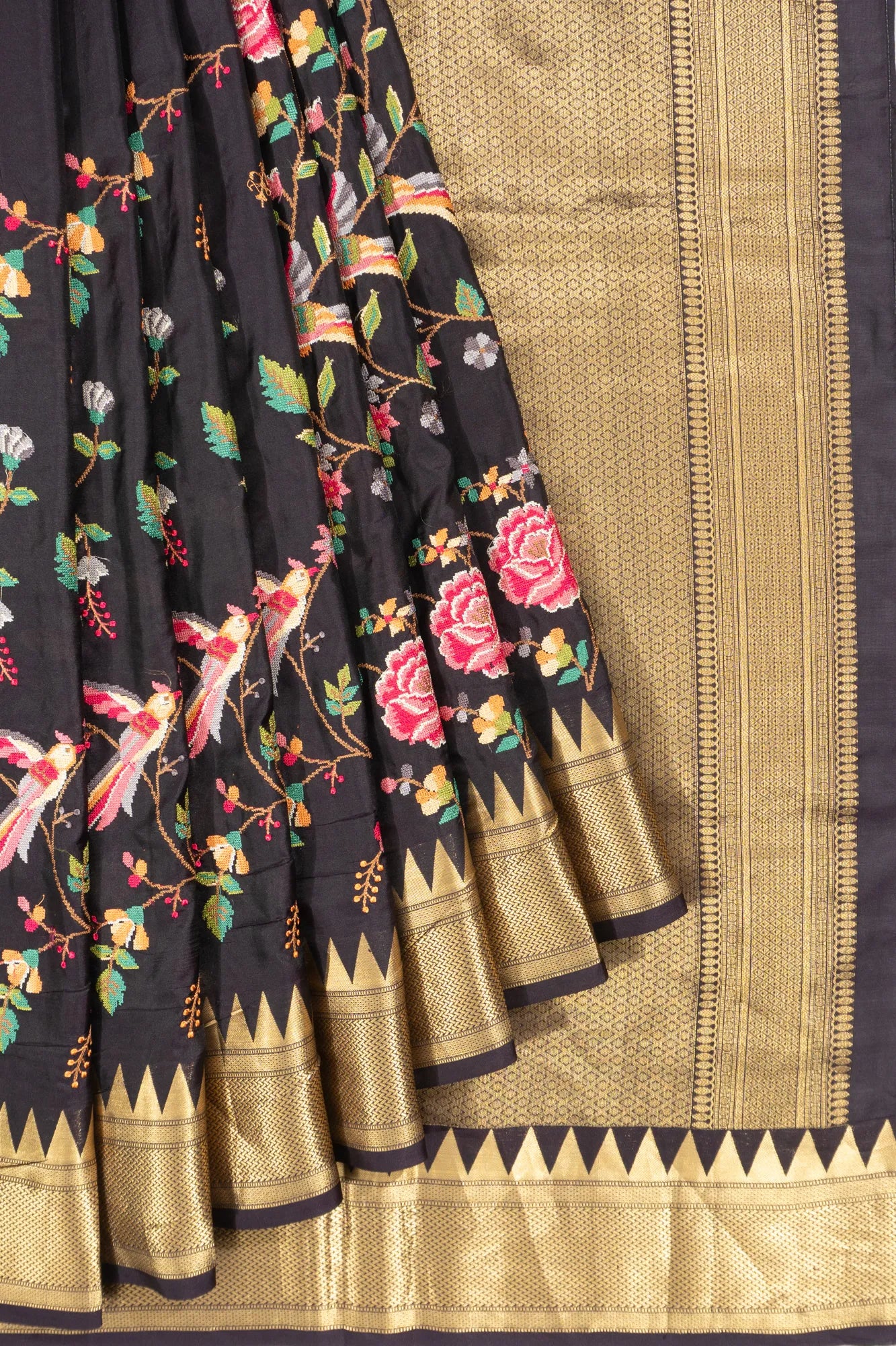 Kanchipuram Silk Embroidery Jaal Black Saree