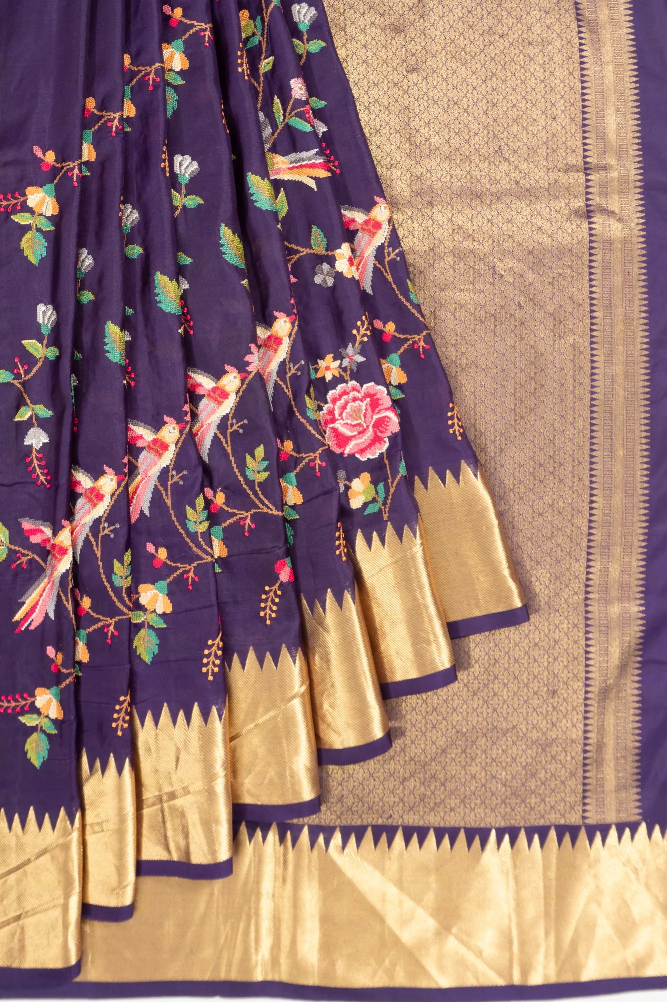 Kanchipuram Silk Embroidery Jaal Violet Saree