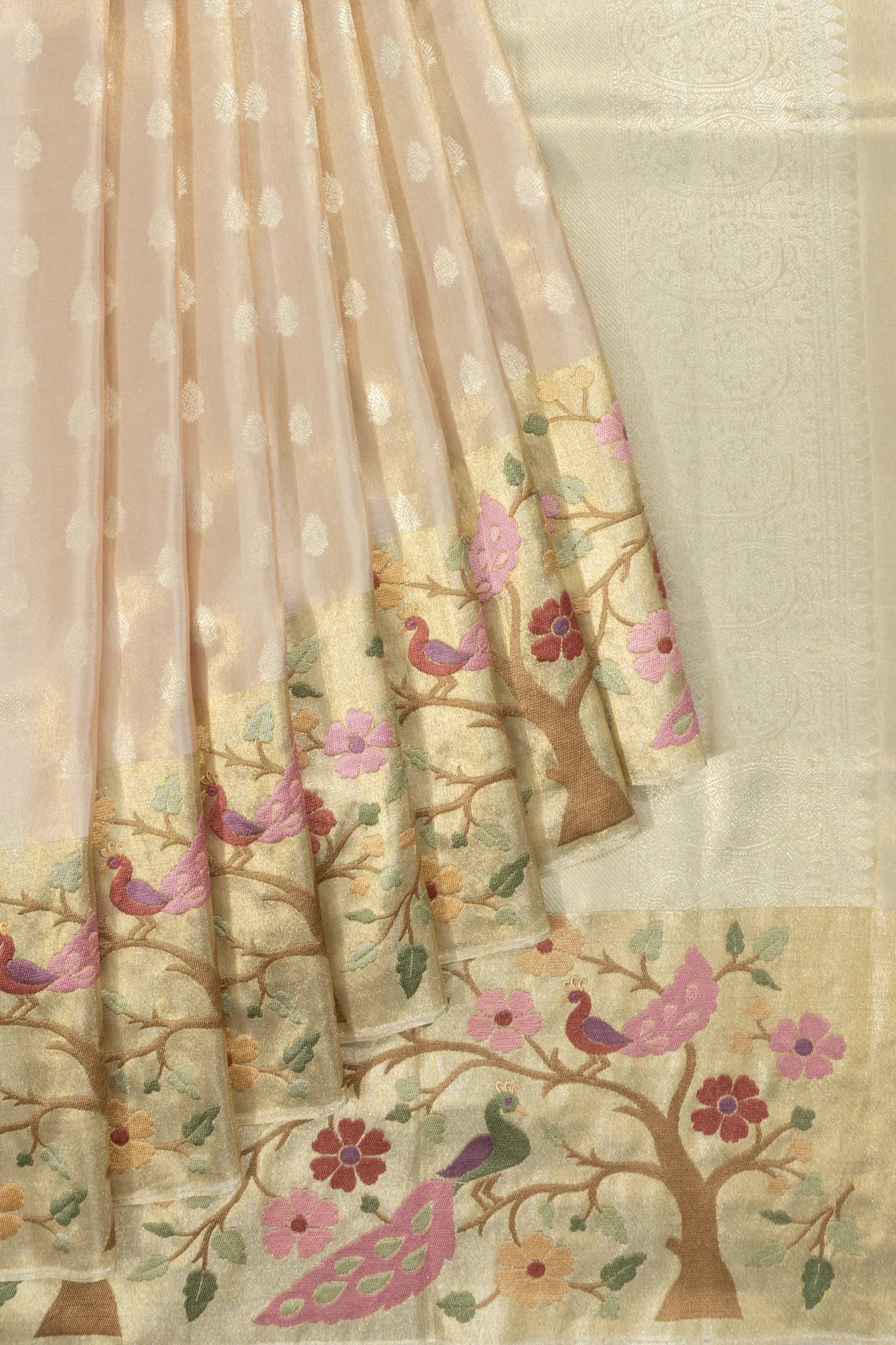 Kanchipuram Silk Tissue Butta Peach Saree With Embroidery Border