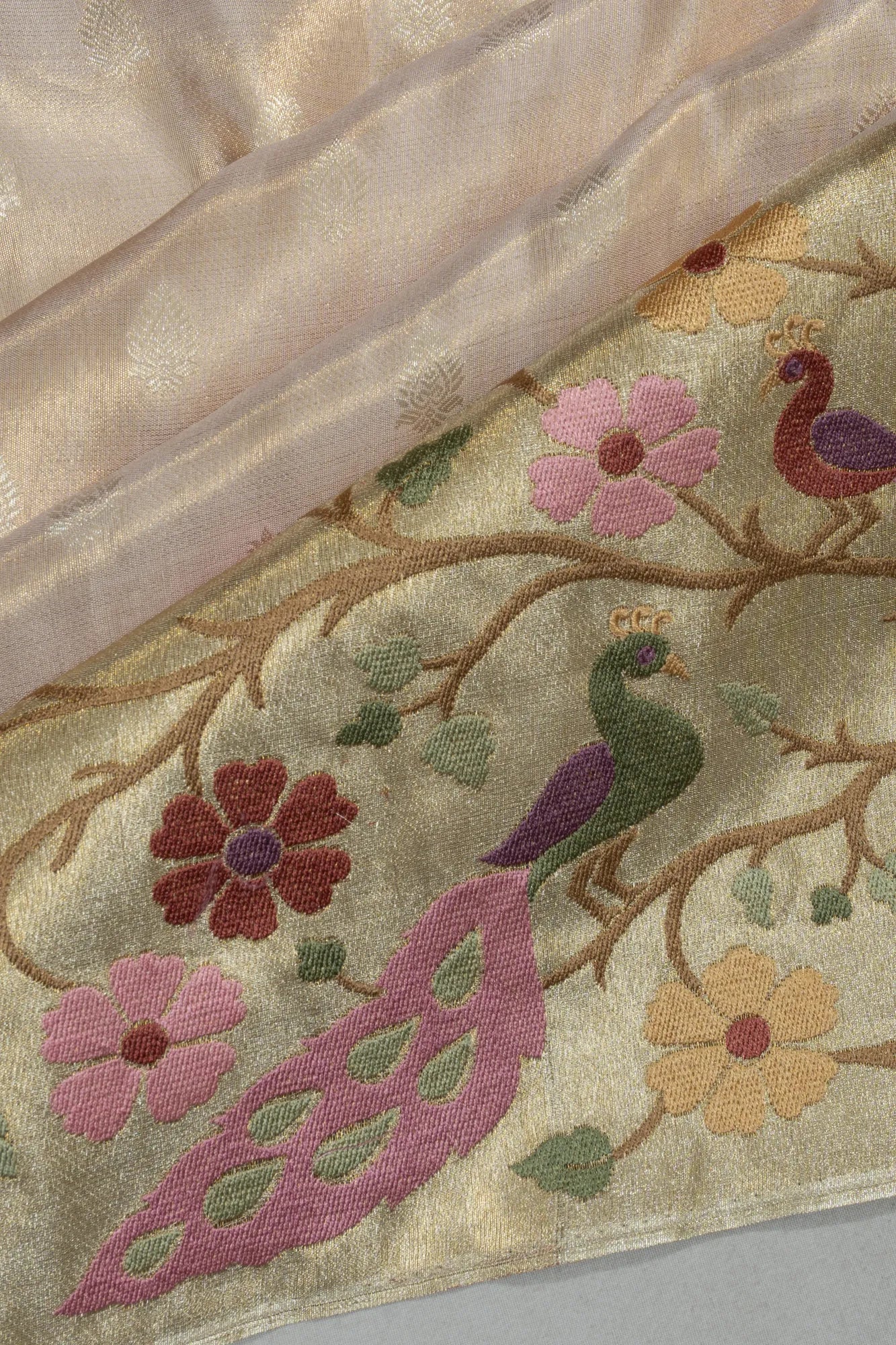 Kanchipuram Silk Tissue Butta Peach Saree With Embroidery Border