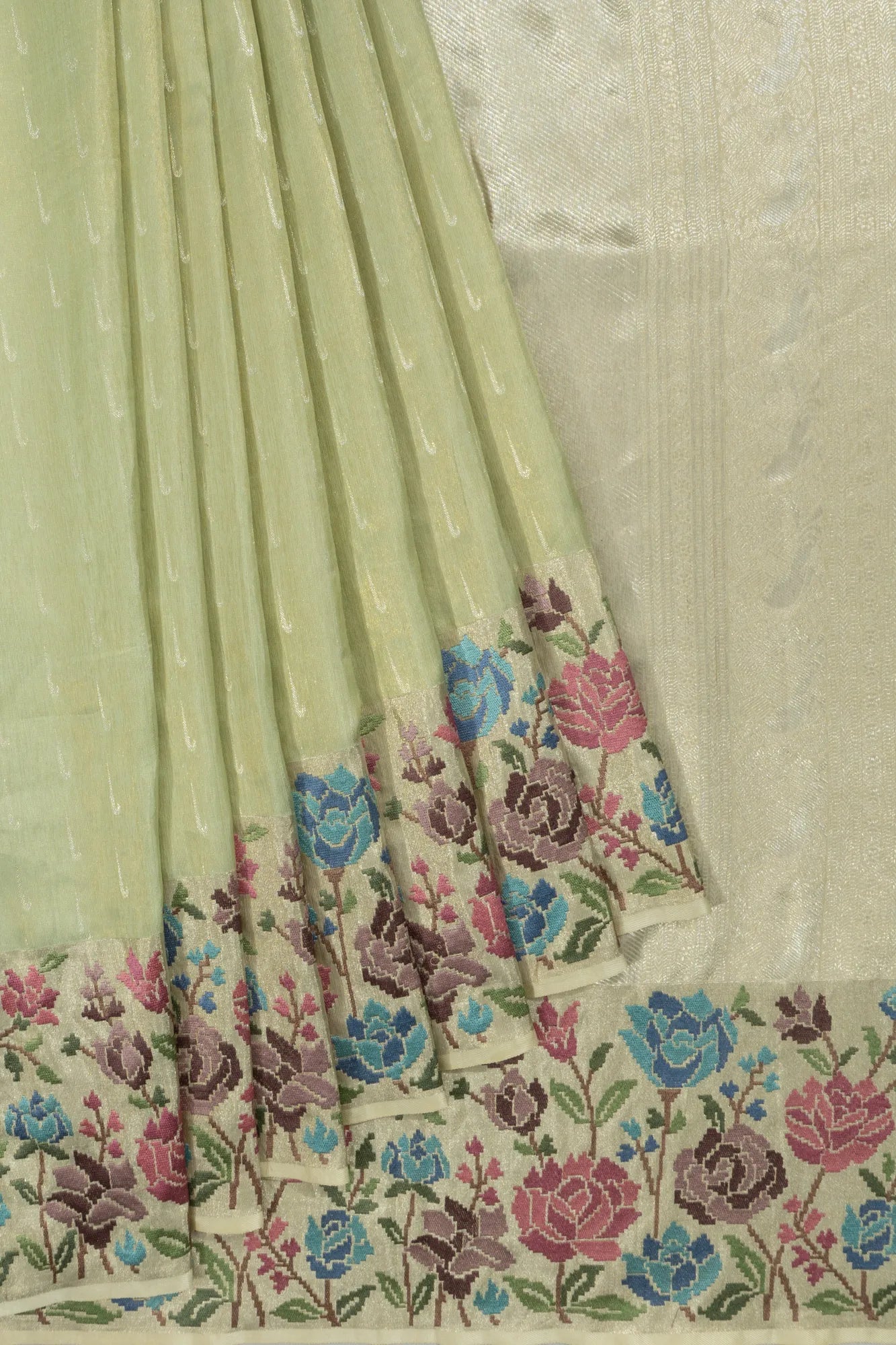 Kanchipuram Silk Tissue Butta Green Saree With Embroidery Border