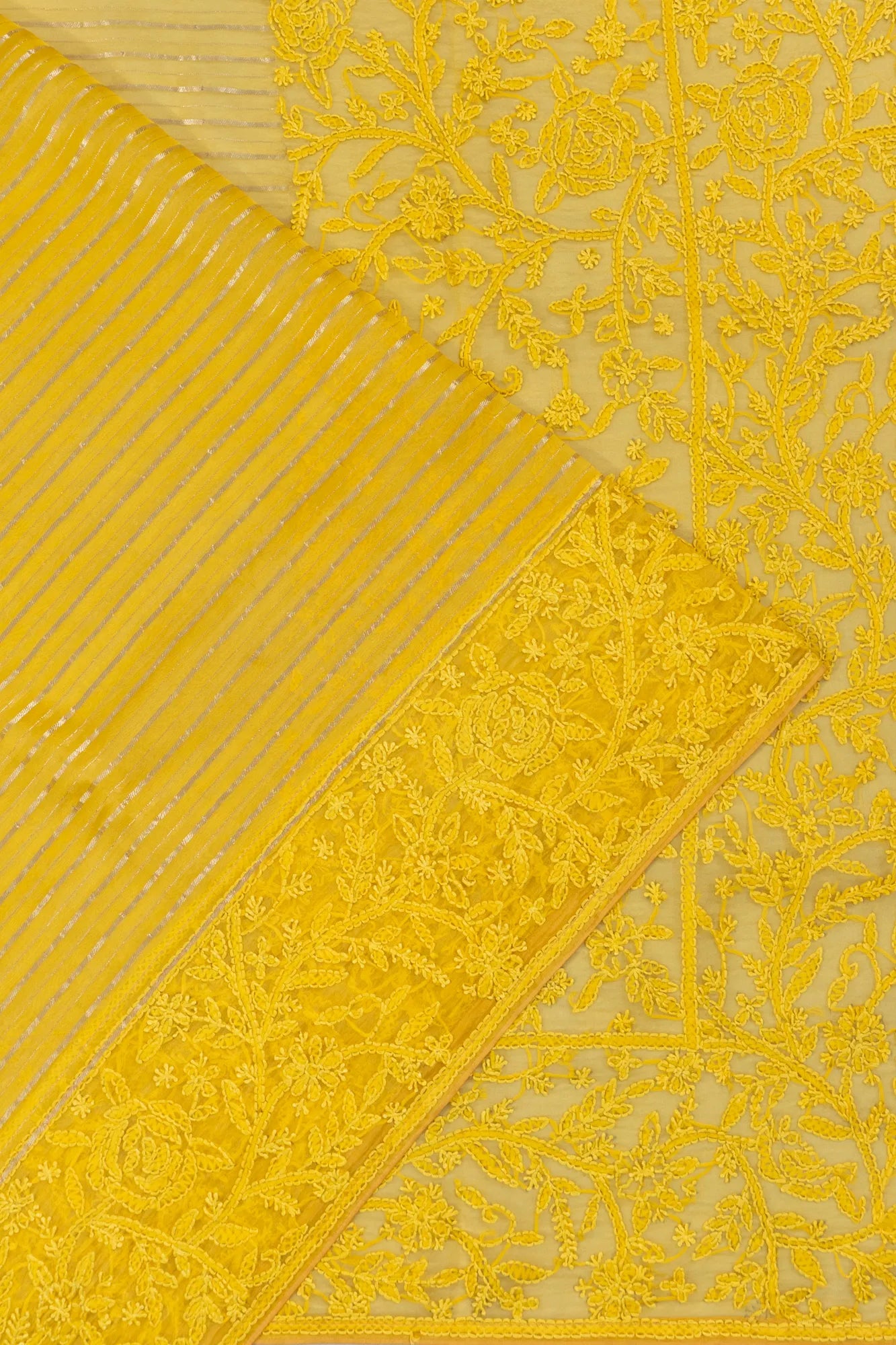 Organza Horizontal Lines Yellow Saree With Kantha Work