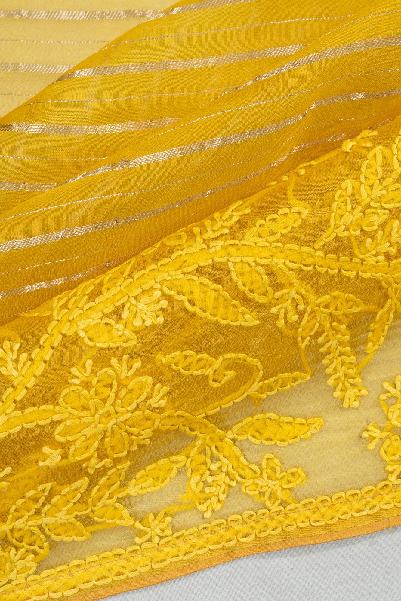 Organza Horizontal Lines Yellow Saree With Kantha Work