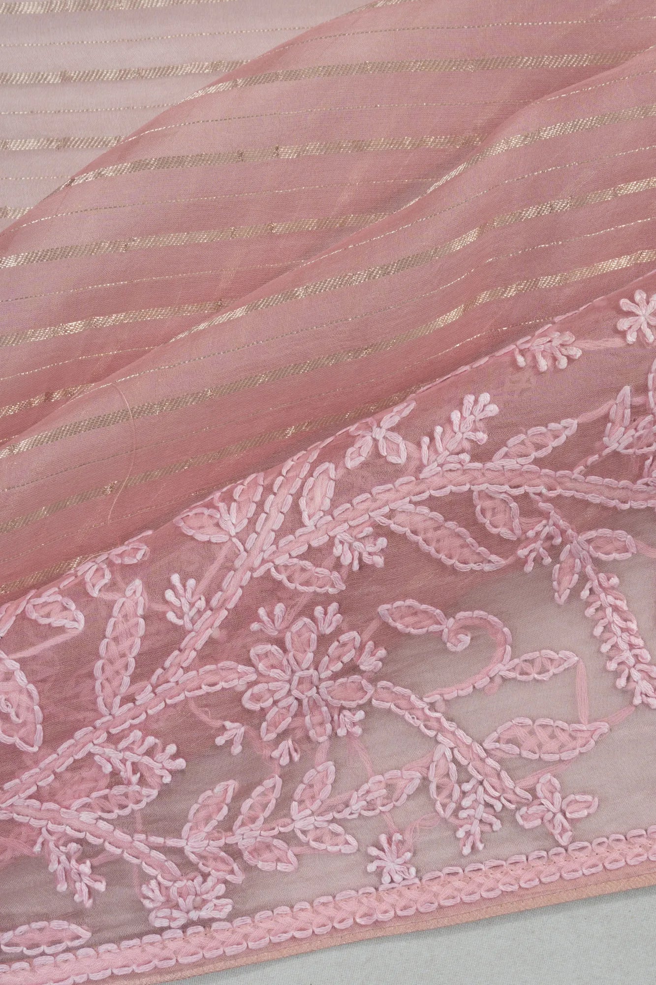 Organza Horizontal Lines Baby Pink Saree With Kantha Work