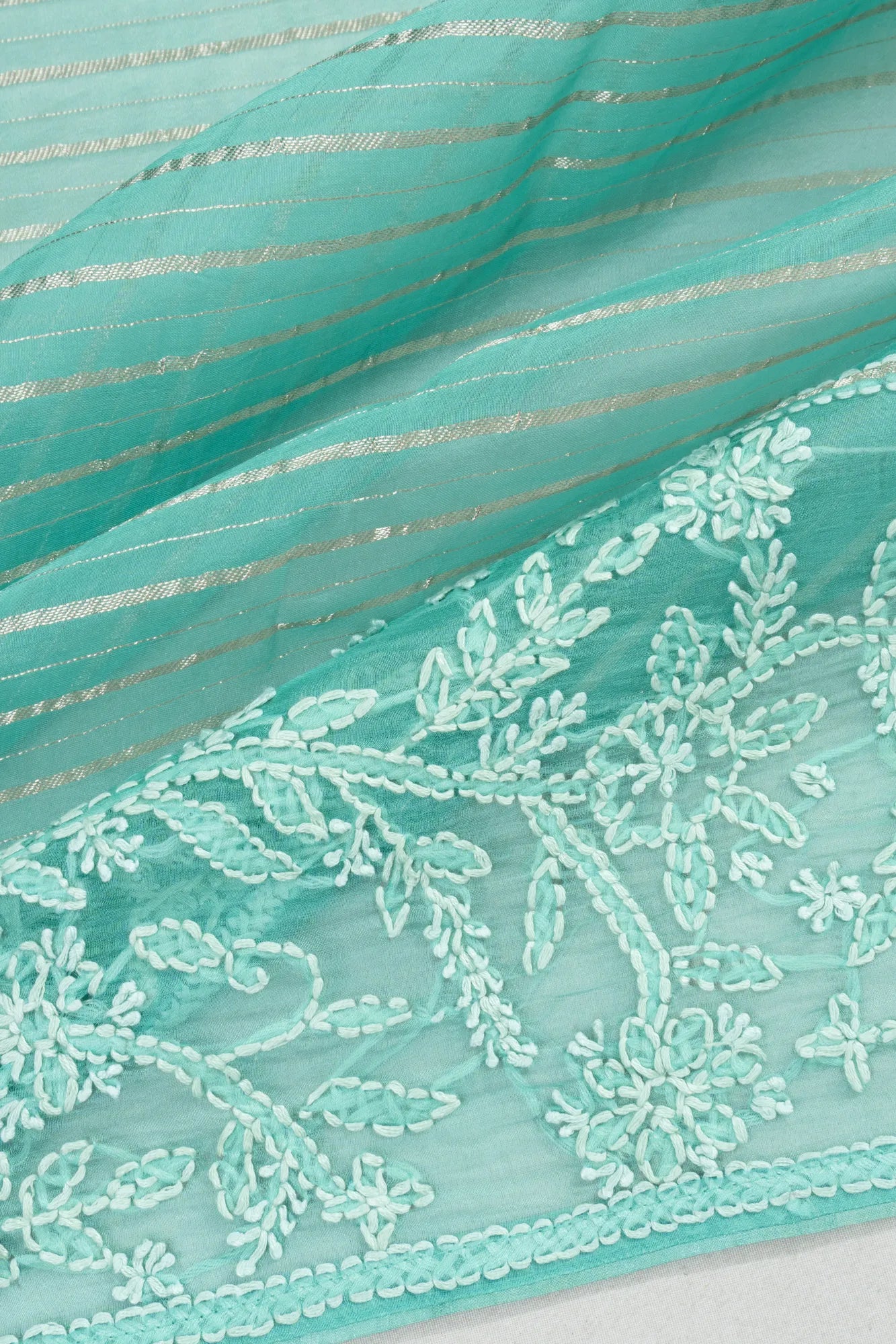 Organza Horizontal Lines Sea Blue Saree With Kantha Work