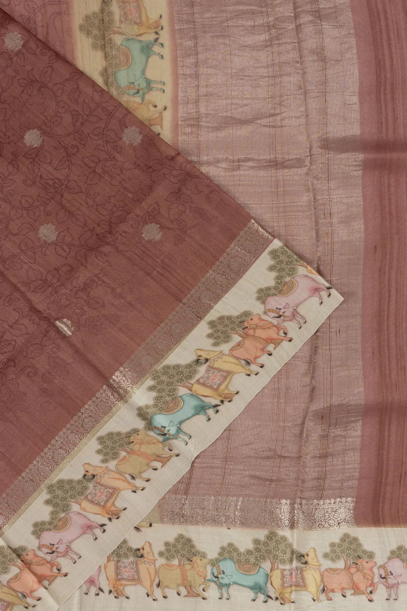 Tussar Printed And Butta Brown Saree With Pichwai Motifs