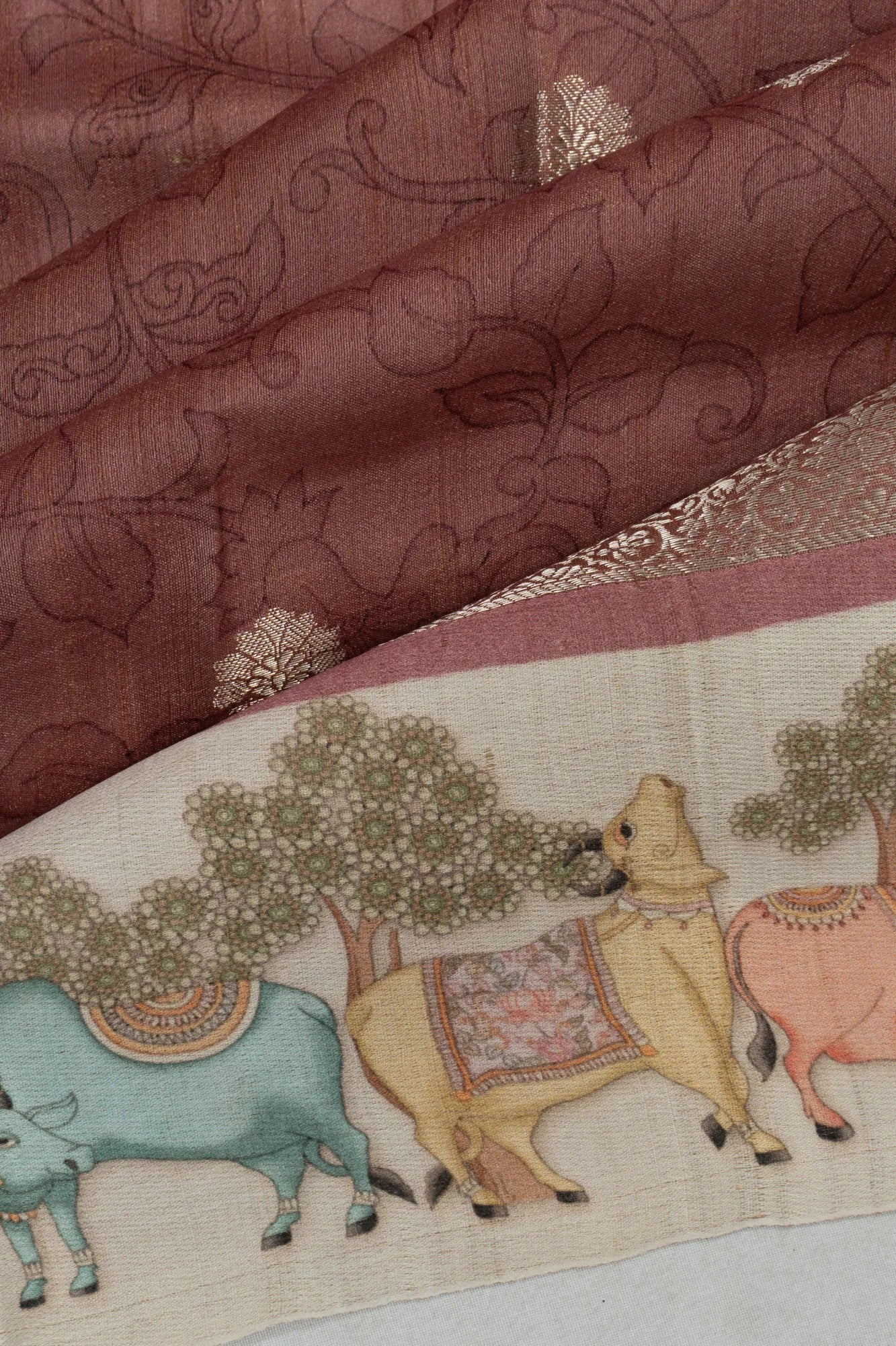 Tussar Printed And Butta Brown Saree With Pichwai Motifs