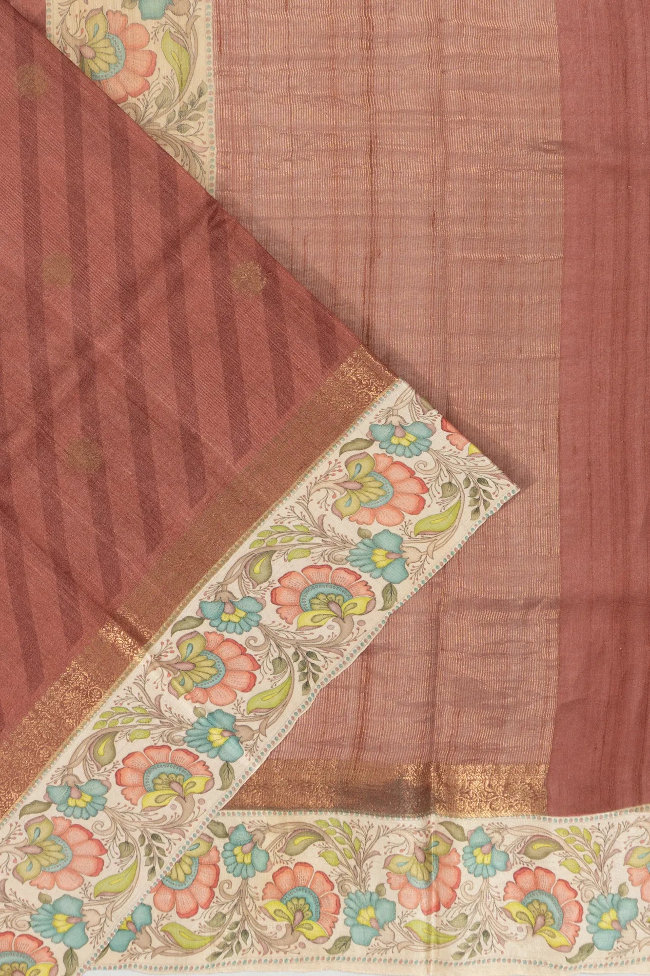 Tussar Lines And Butta Snuff Saree With Printed Border