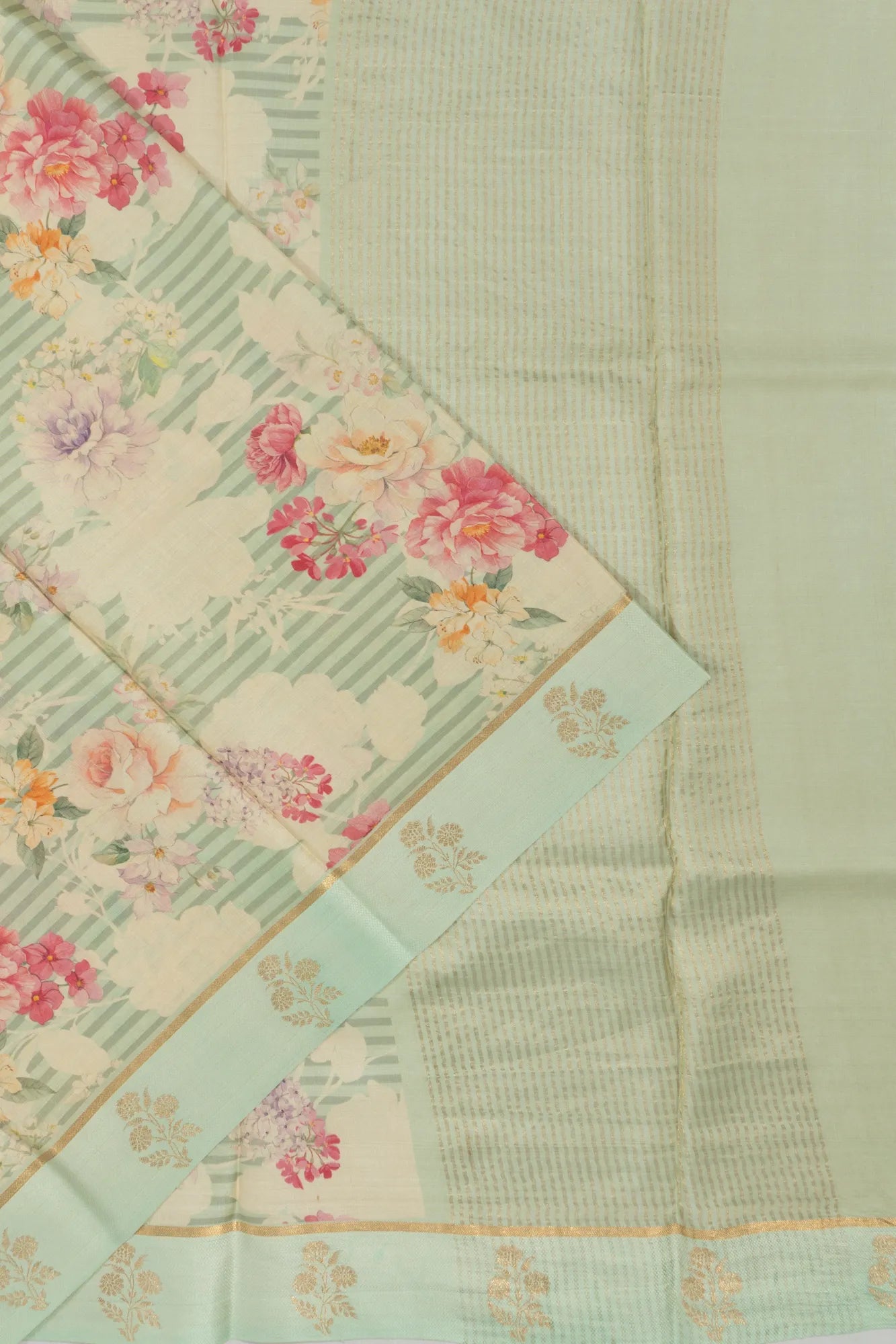 Tussar Lines And Printed Pastel Green Saree