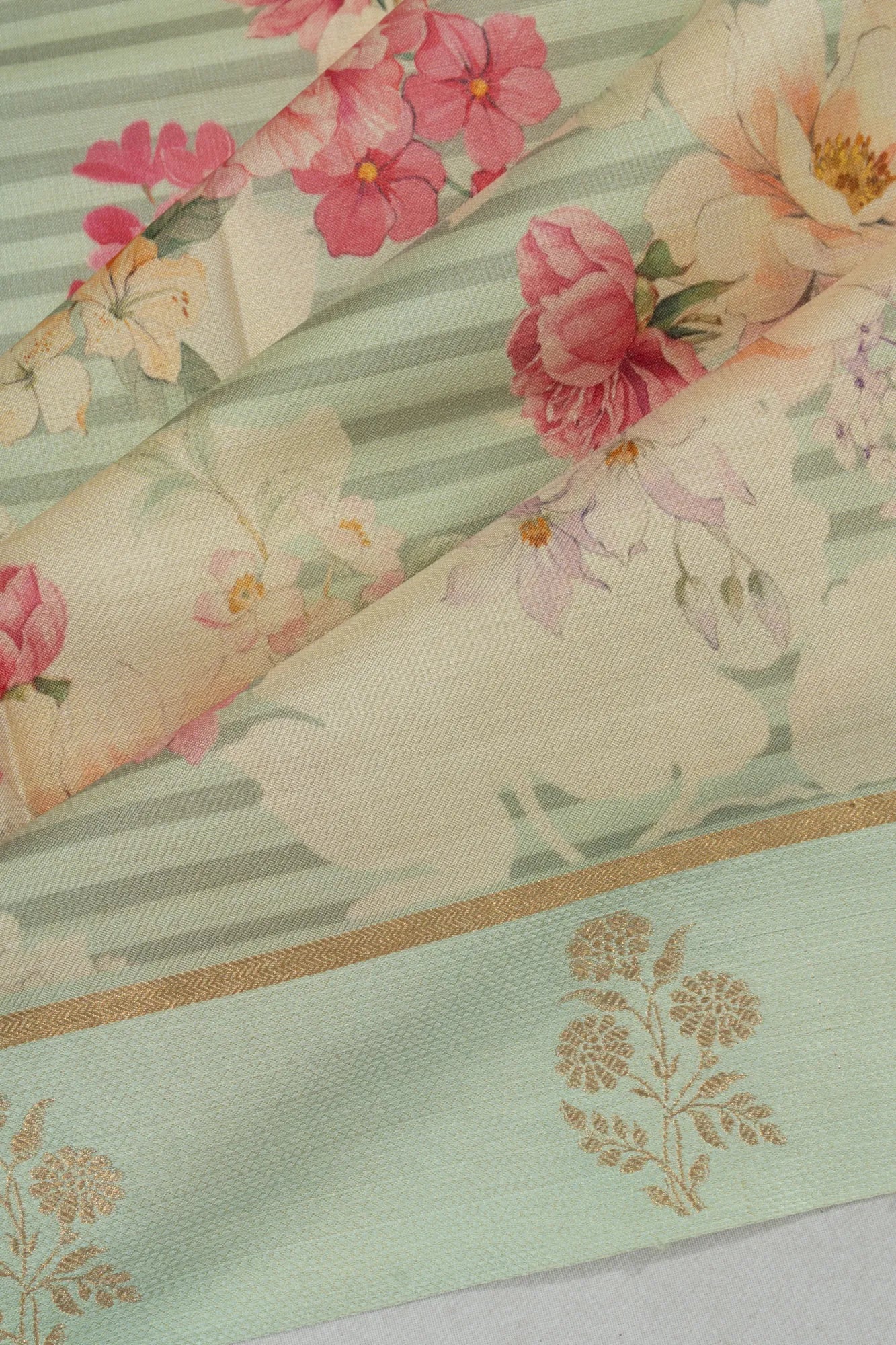 Tussar Lines And Printed Pastel Green Saree