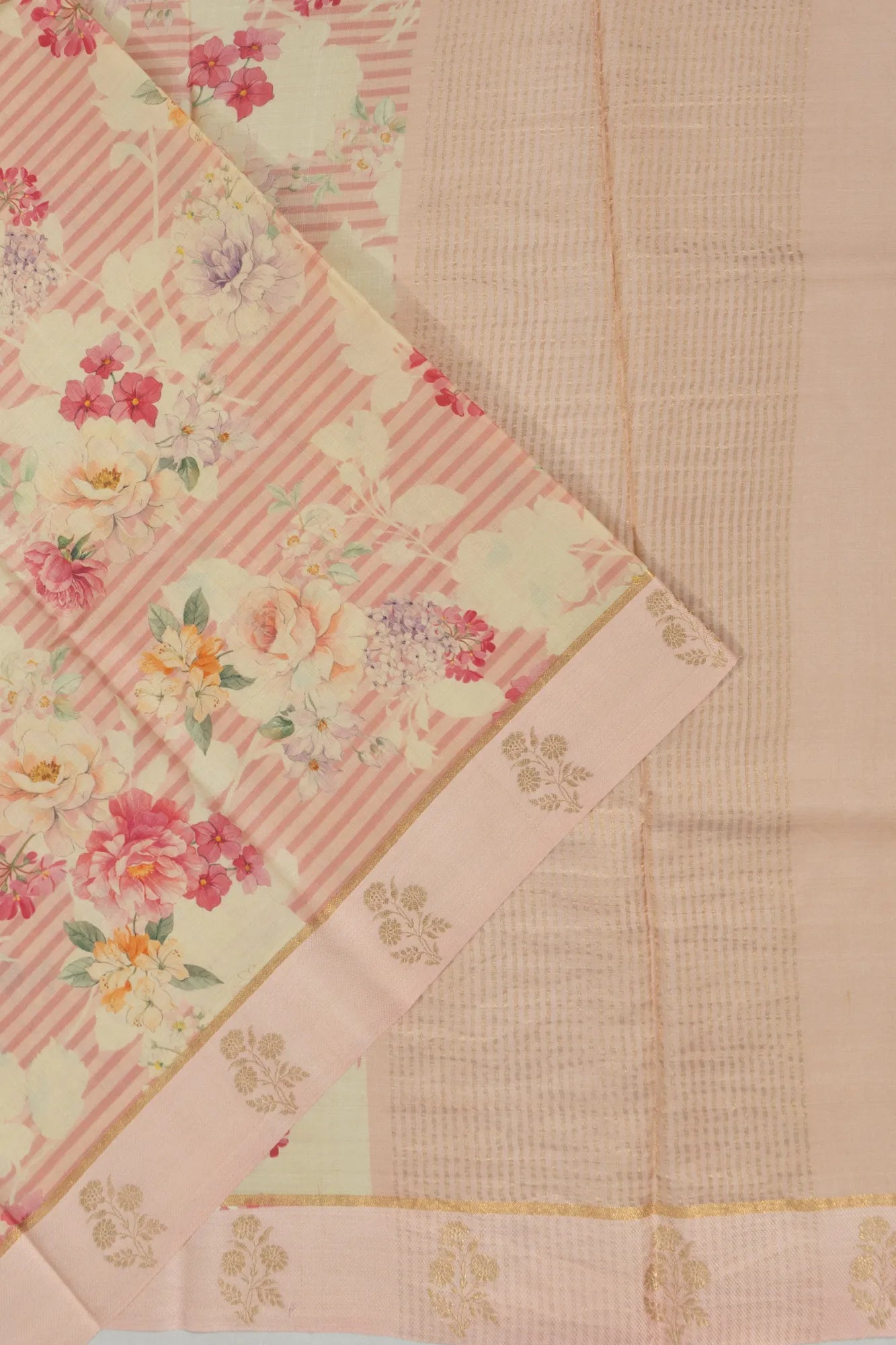 Tussar Lines And Printed Pastel Peach Saree