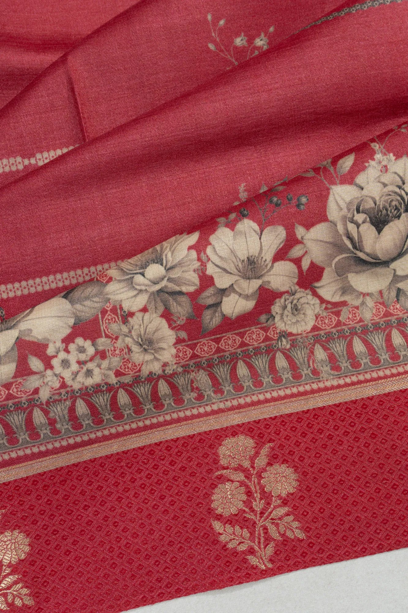 Tussar Floral Printed Red Saree