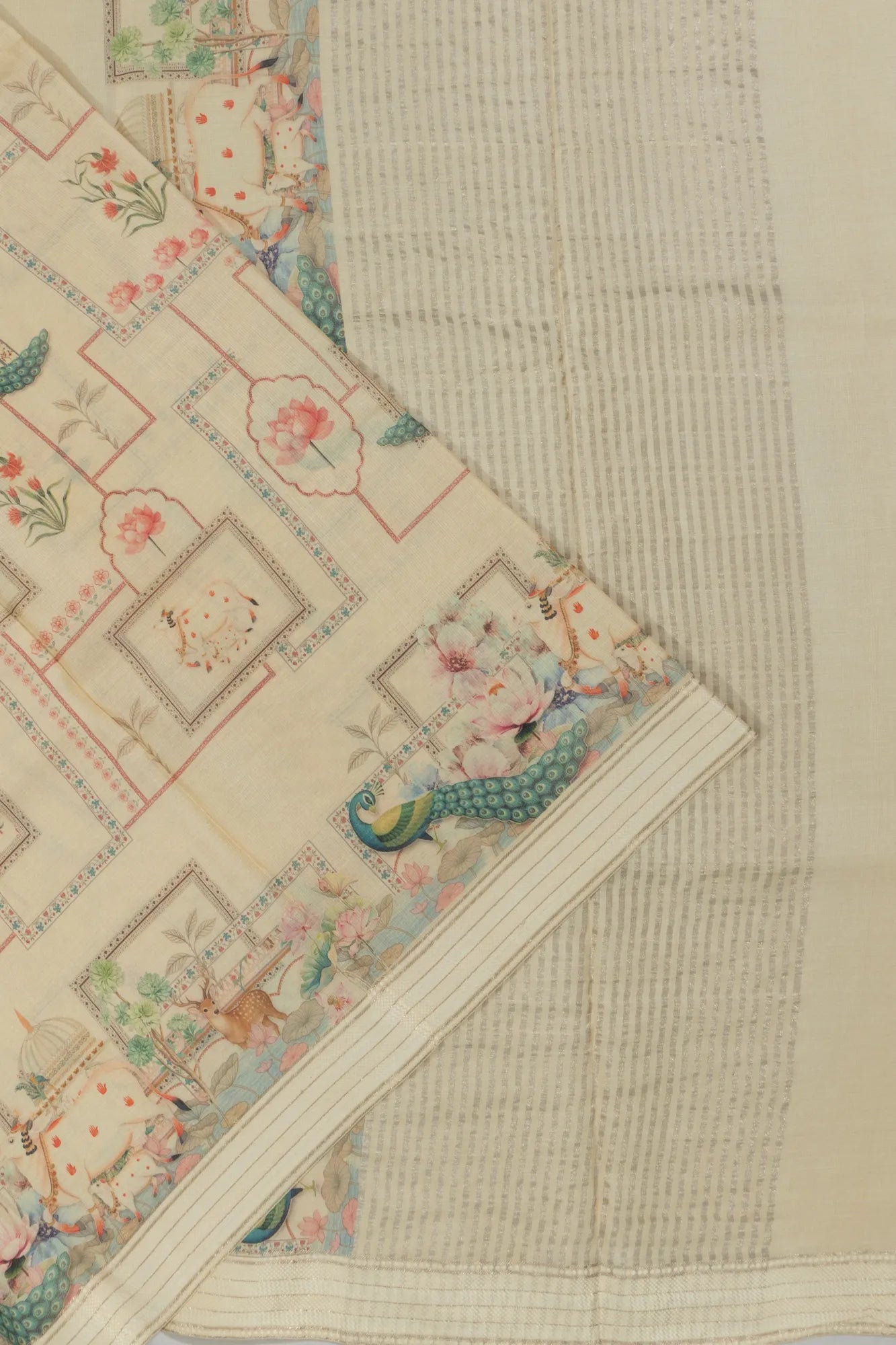 Tussar Pichwai Printed White Saree